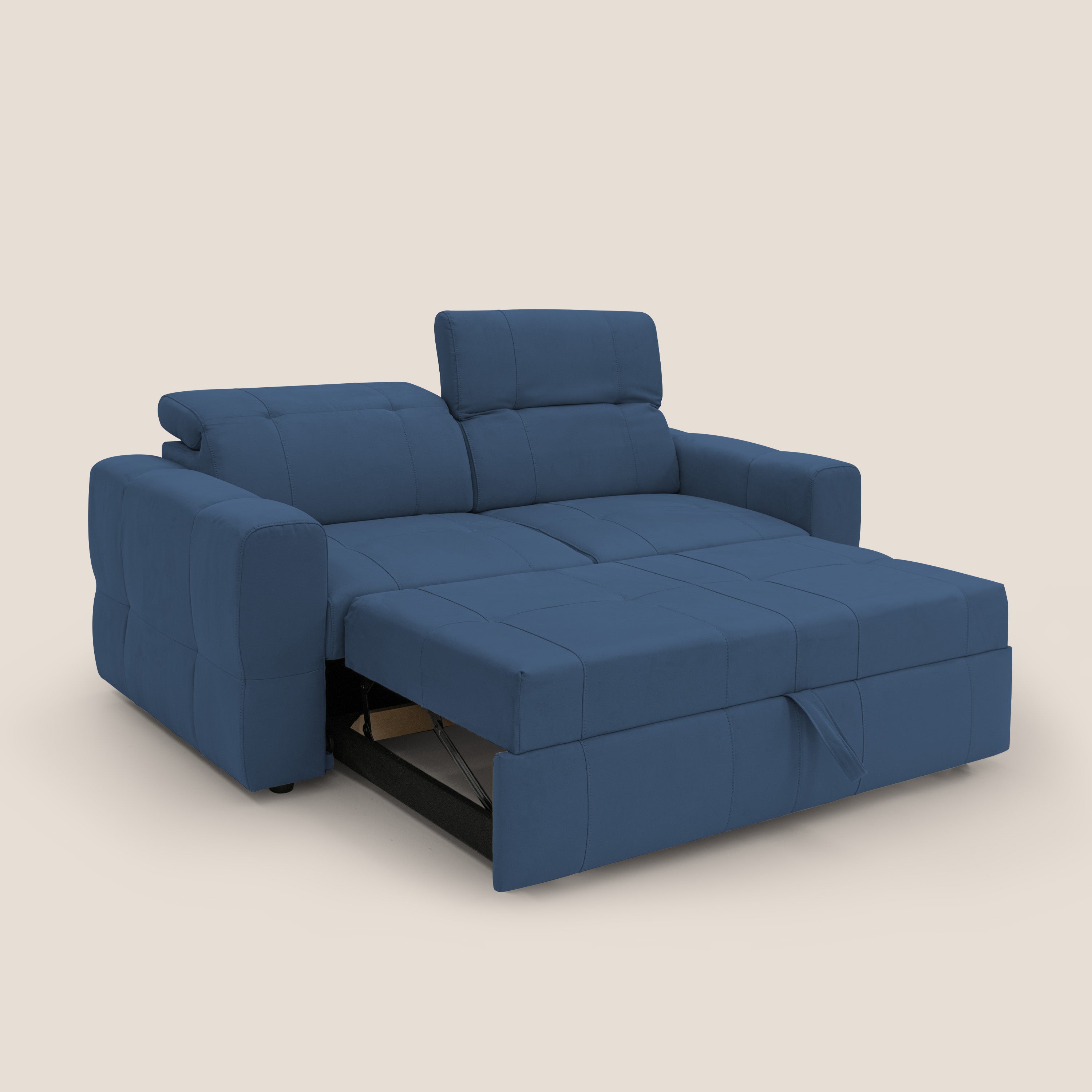 Kronos Divano con pouf estraibile poggiapiedi e poggiatesta reclinabili in morbida microfibra impermeabile T11 blu - divani.store