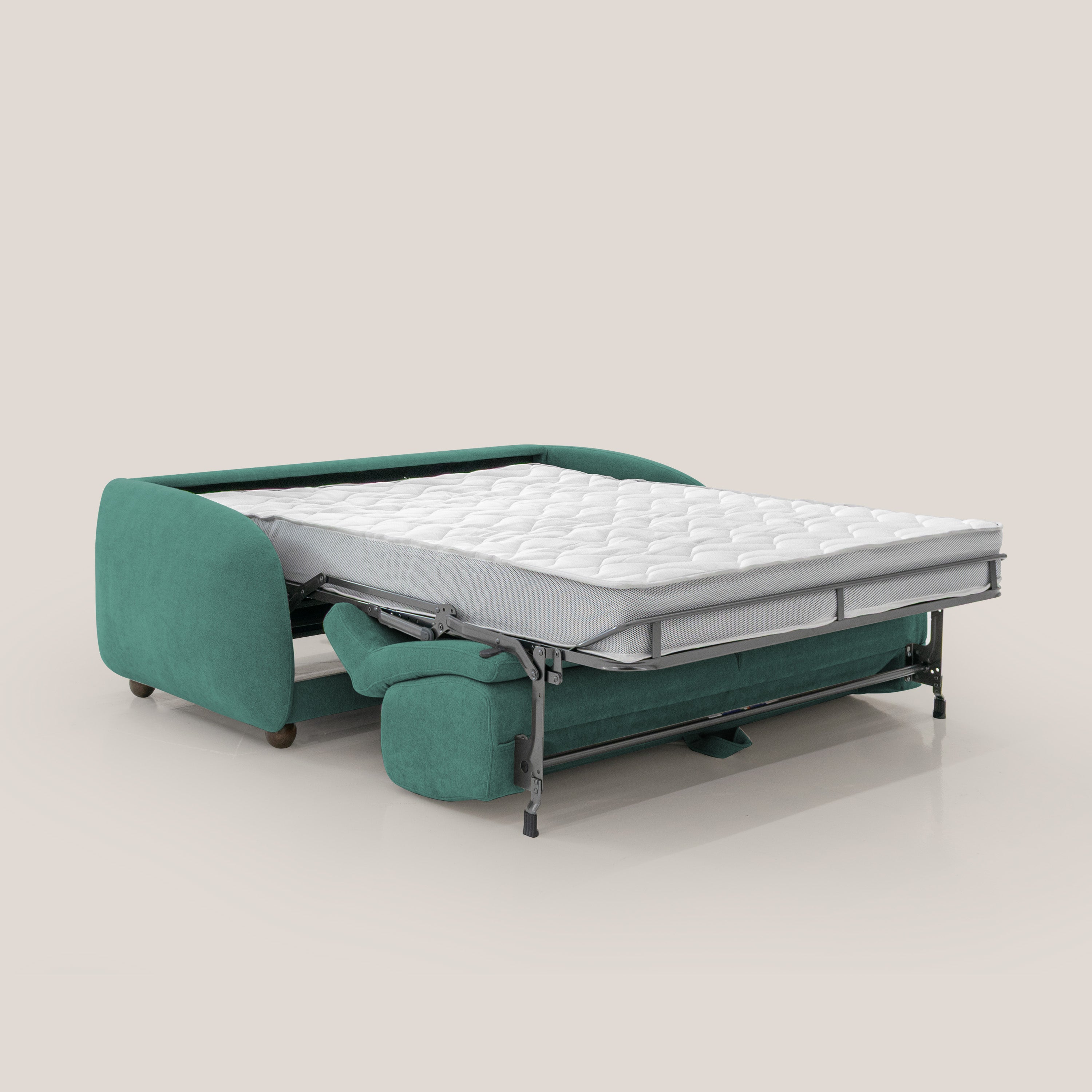 Giglio divano letto scandinavo japandi con materasso H18 cm in tessuto Bouclé impermeabile T07 verde - divani.store