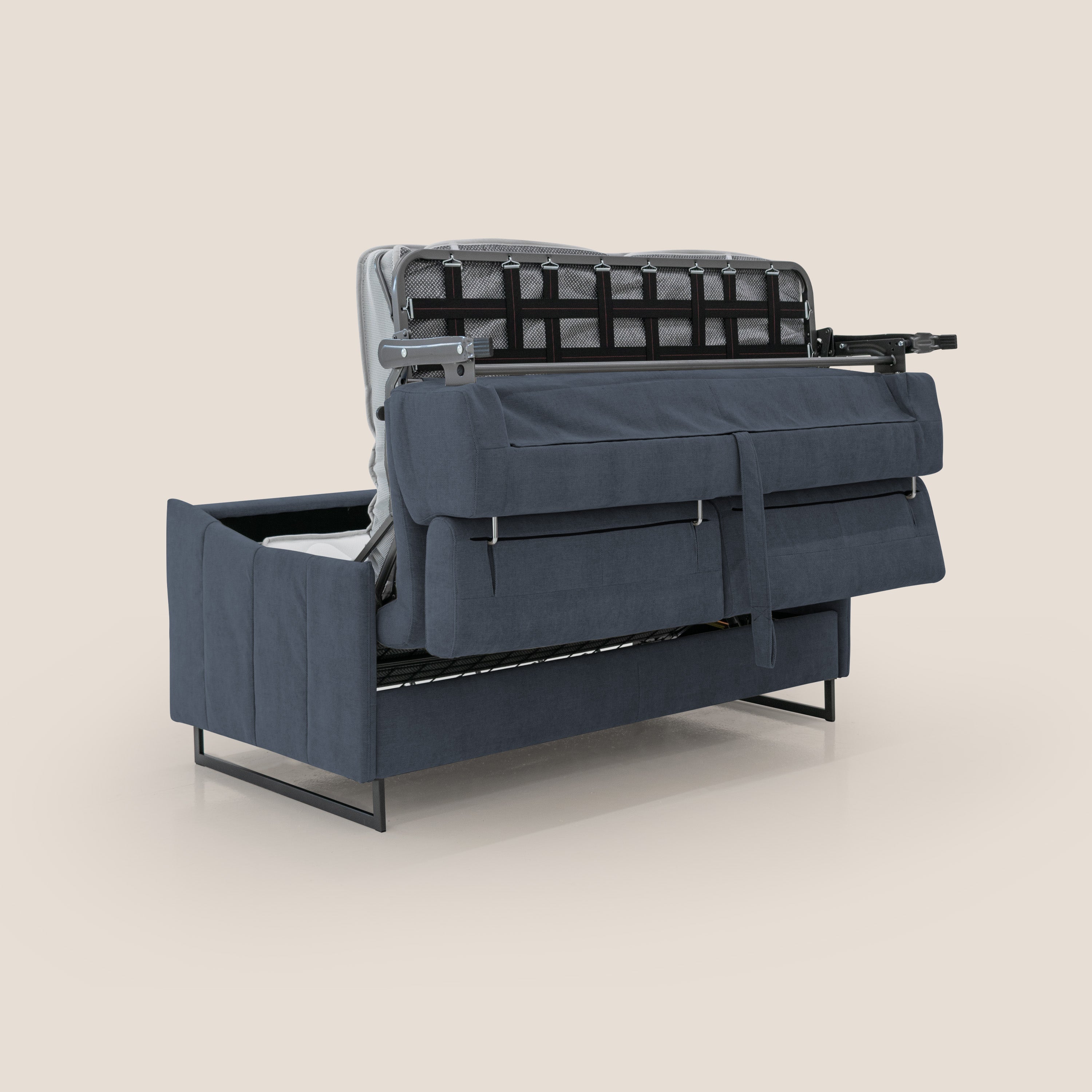 Loto divano letto salvaspazio materasso H18 cm con piedi alti in morbido tessuto impermeabile T14 blu - divani.store