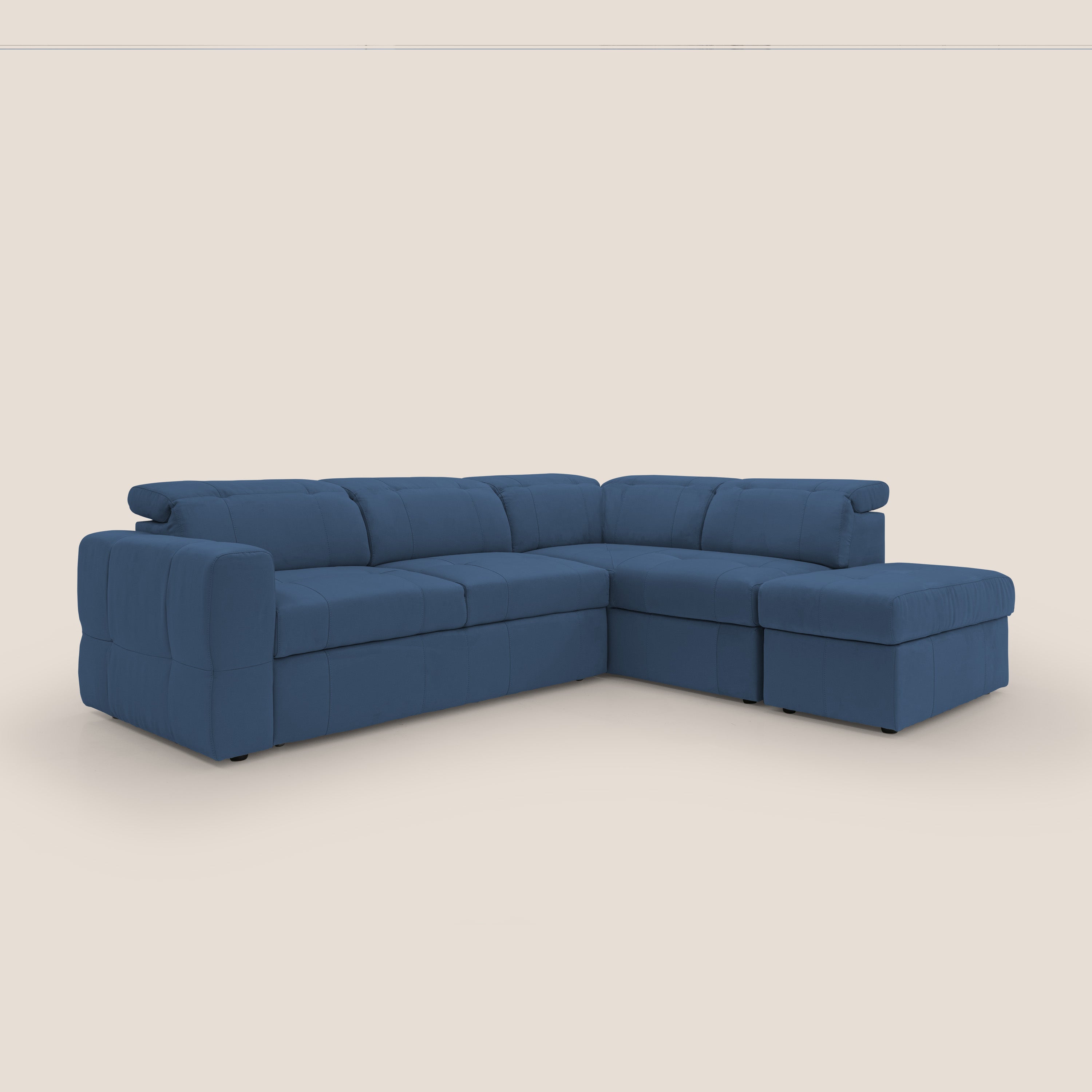 Kronos Divano angolare con poggiapiedi estraibile e pouf contenitore mobile in microfibra impermeabile T11 blu - divani.store
