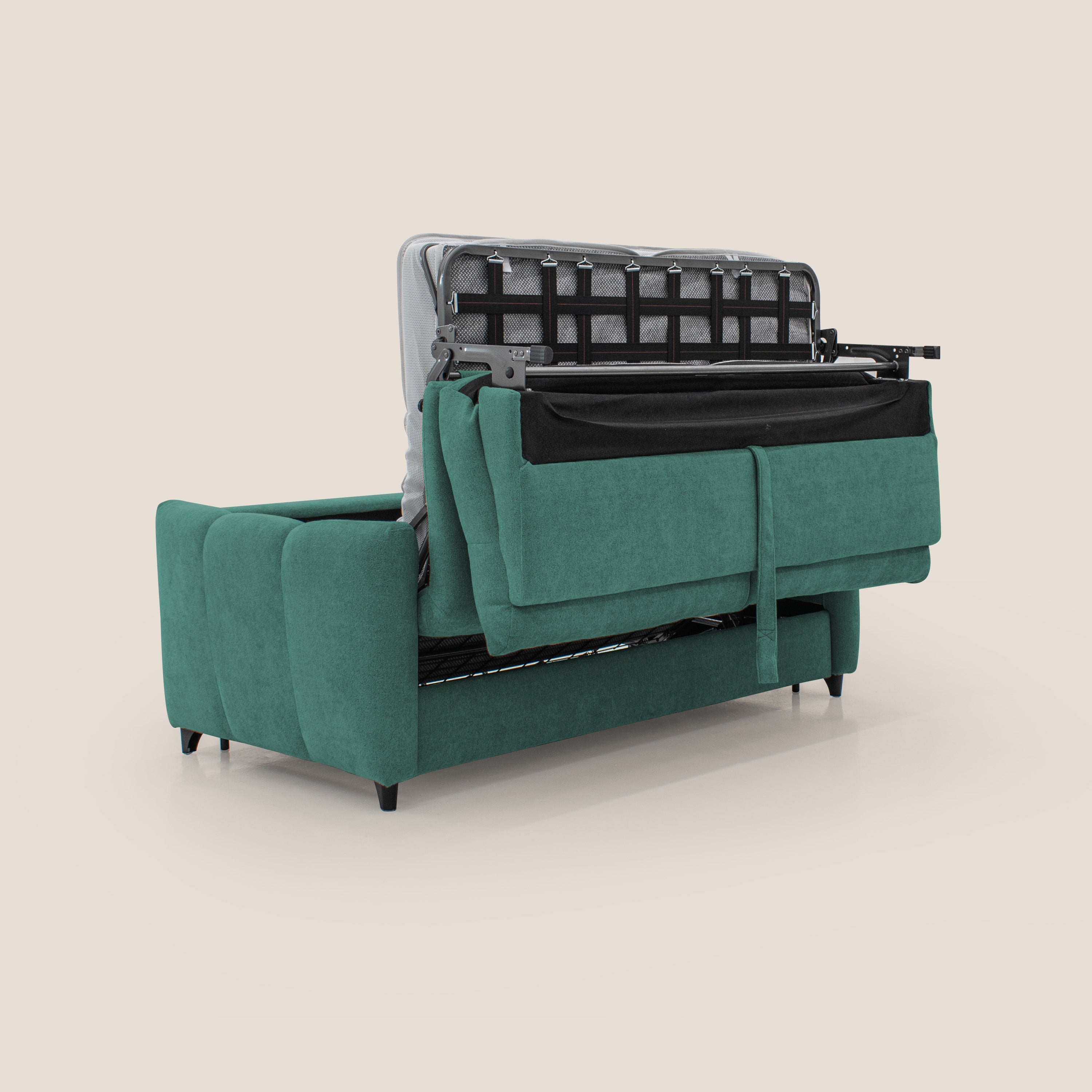 Peonia divano letto scandinavo con materasso H18 cm e morbido e alto schienale in tessuto Bouclé impermeabile T07 verde - divani.store