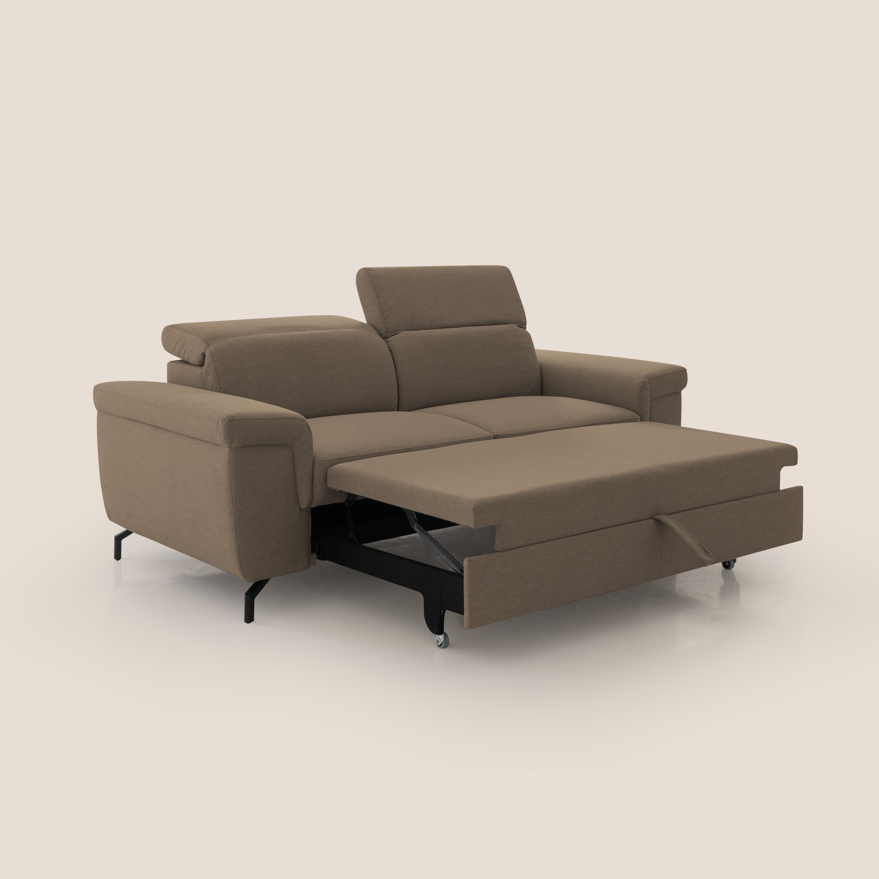 Aisha Divano con poggiapiedi estraibile piedini alti e poggiatesta reclinabili in tessuto Smacchiabile T05 marrone - divani.store