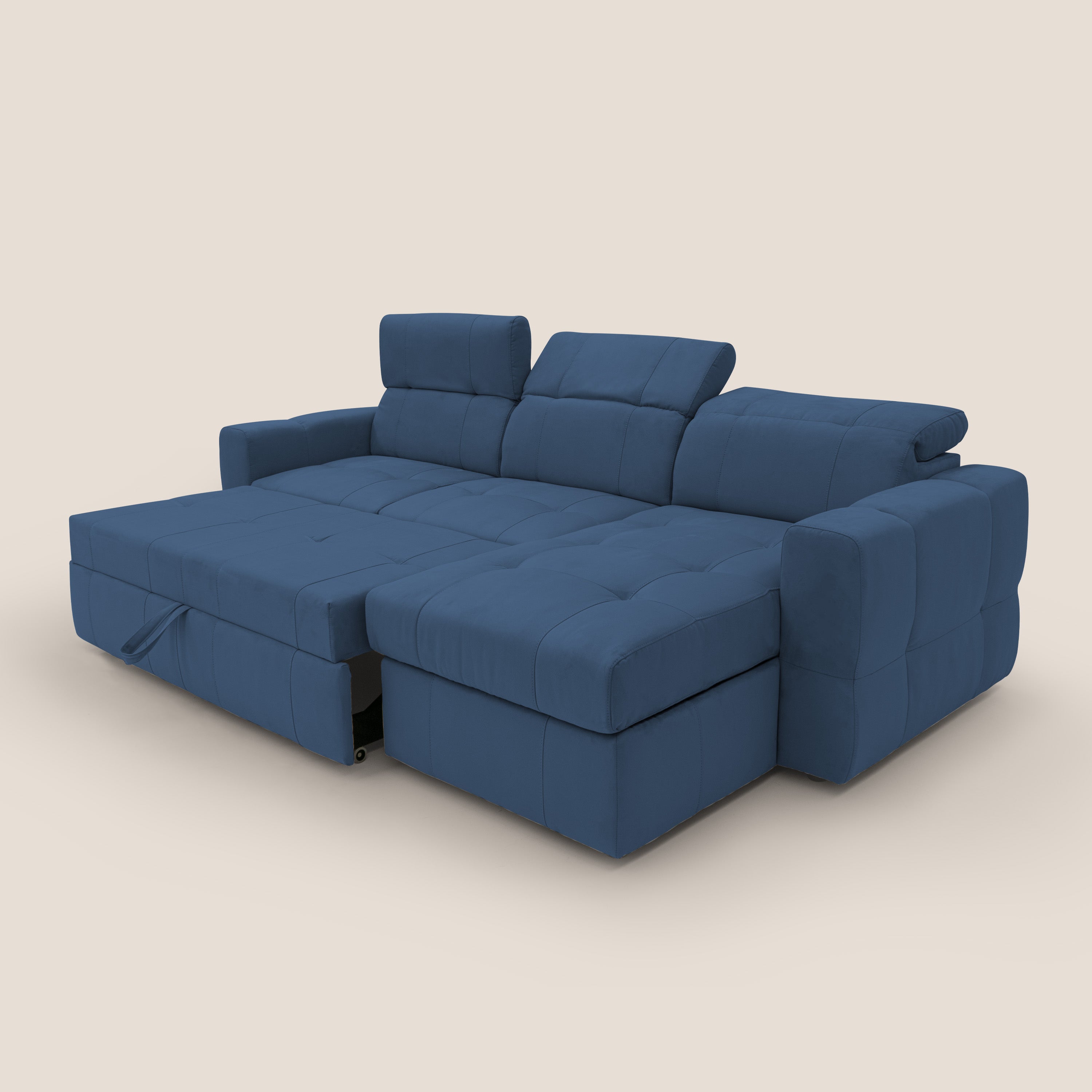 Kronos Divano angolare con pouf estraibile e penisola contenitore in microfibra impermeabile T11 blu - divani.store