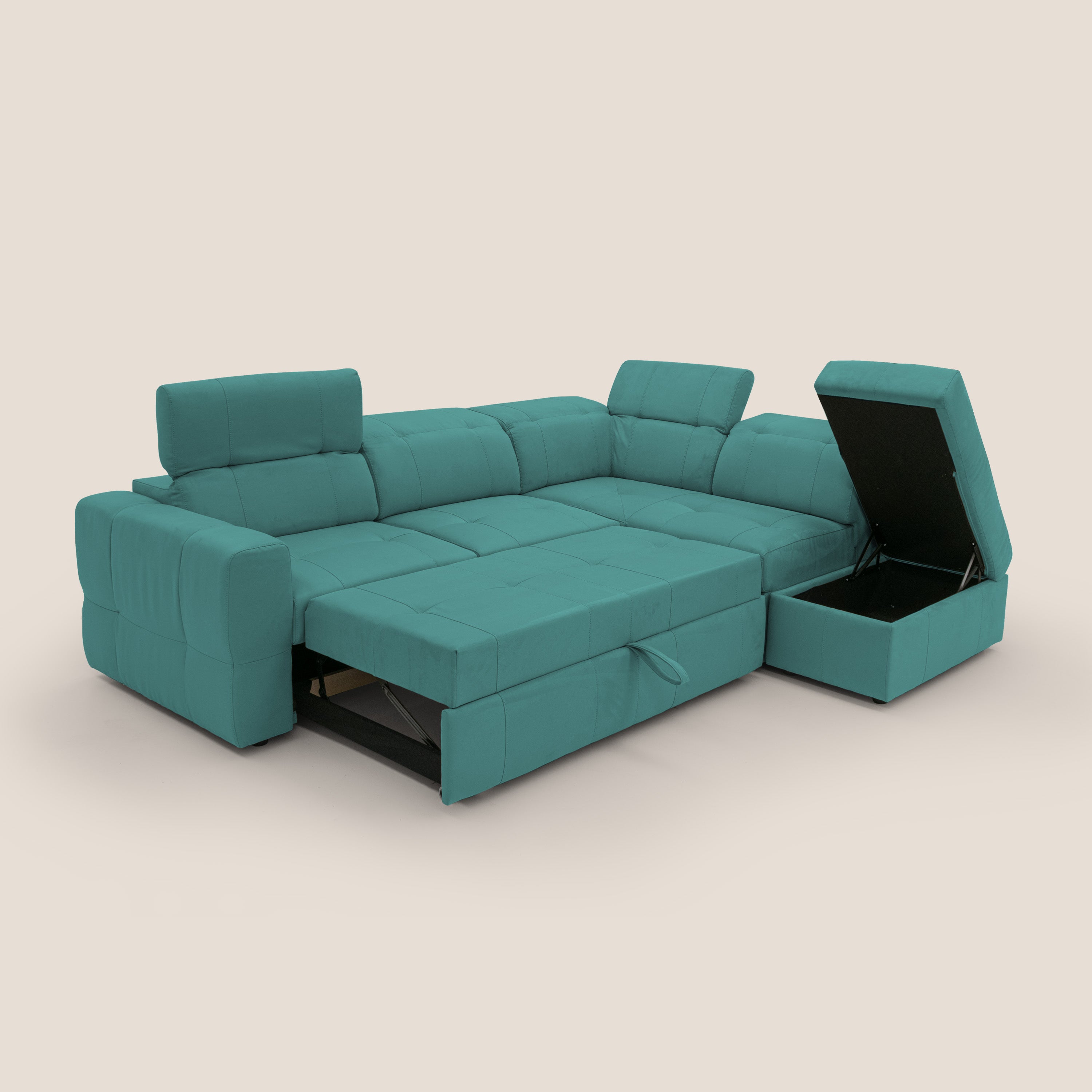 Kronos Divano angolare con poggiapiedi estraibile e pouf contenitore mobile in microfibra impermeabile T11 petrolio - divani.store