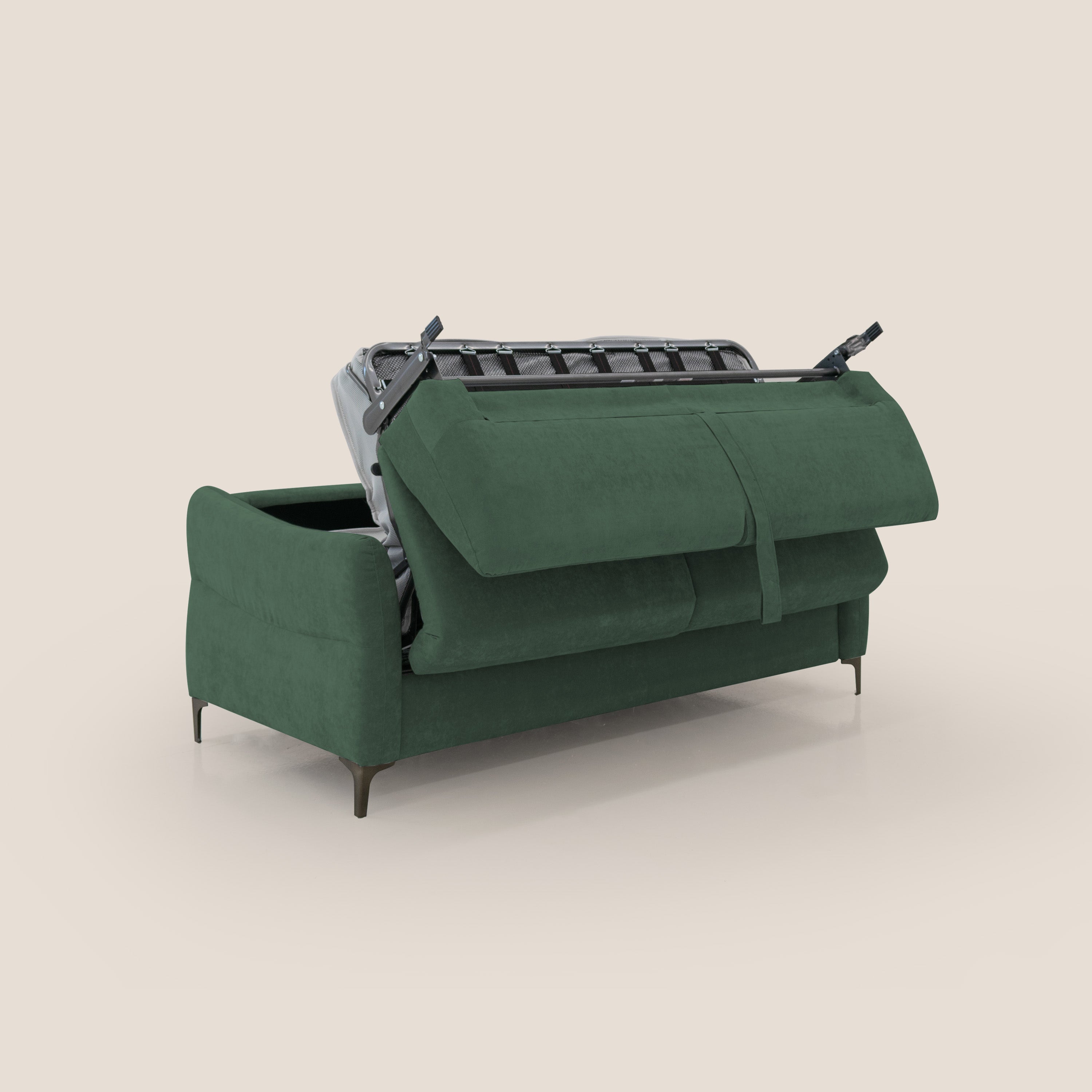 Dalia divano letto con materasso H18 cm e piedi alti in raffinato tessuto smacchiabile T17 verde - divani.store