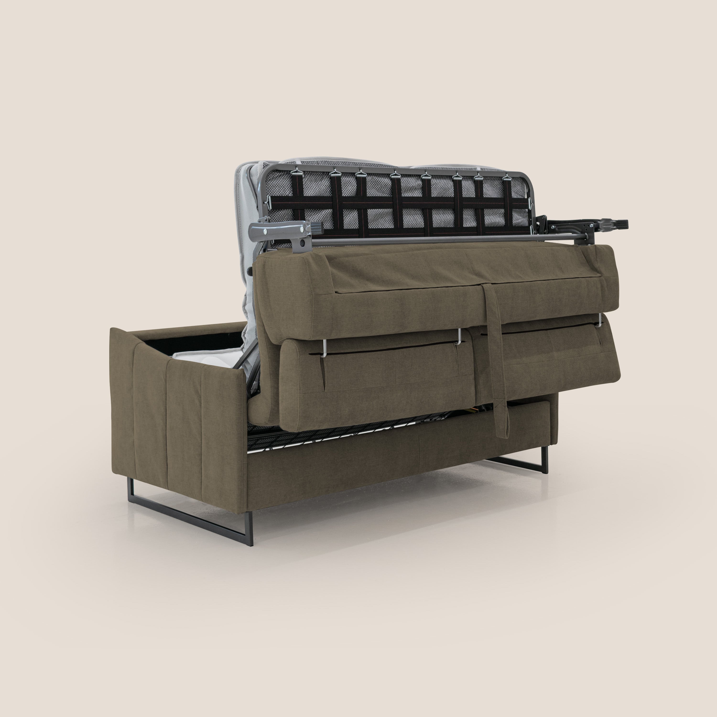Loto divano letto salvaspazio materasso H18 cm con piedi alti in morbido tessuto impermeabile T14 marrone - divani.store