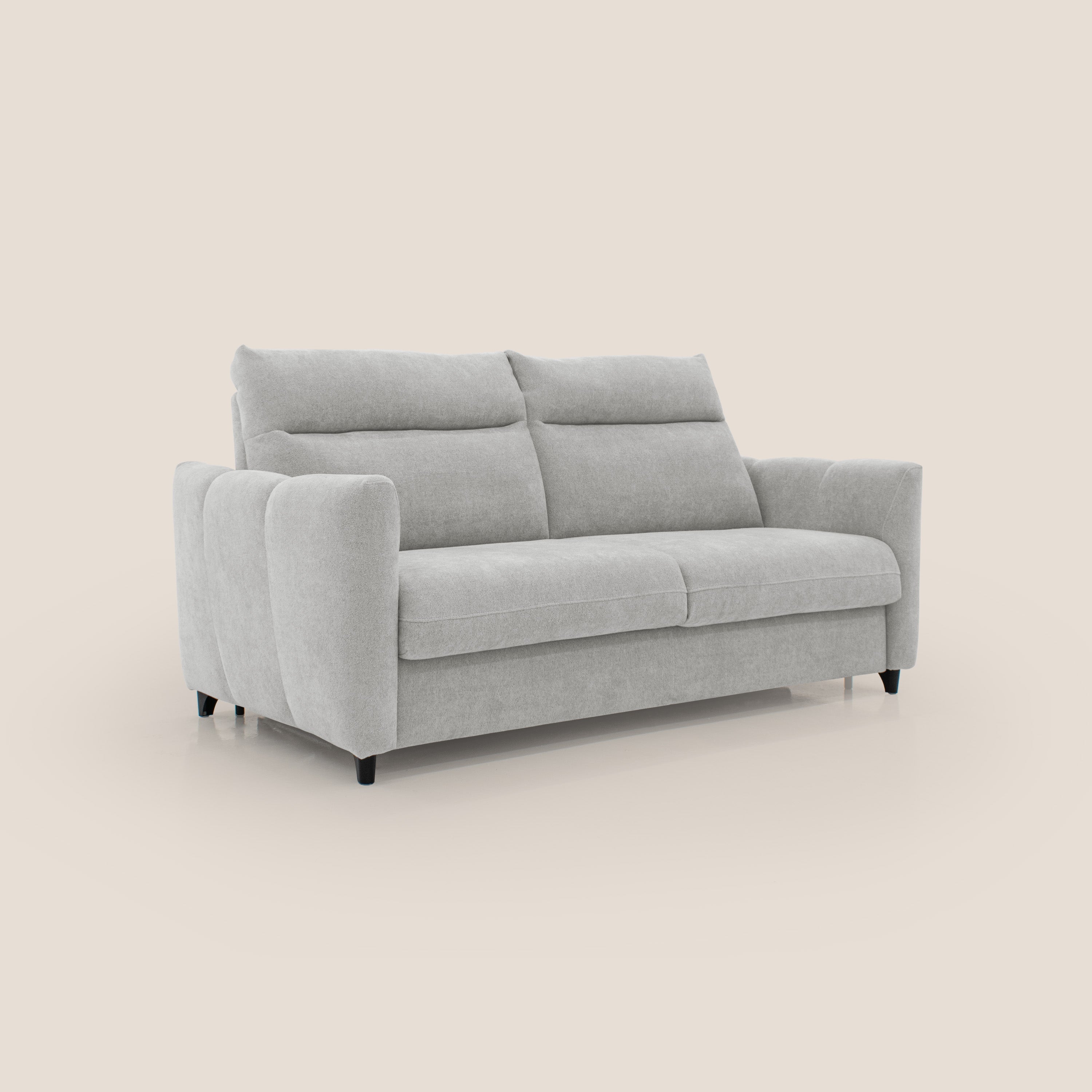 Peonia divano letto scandinavo con materasso H18 cm e morbido e alto schienale in tessuto Bouclé impermeabile T07 grigio - divani.store