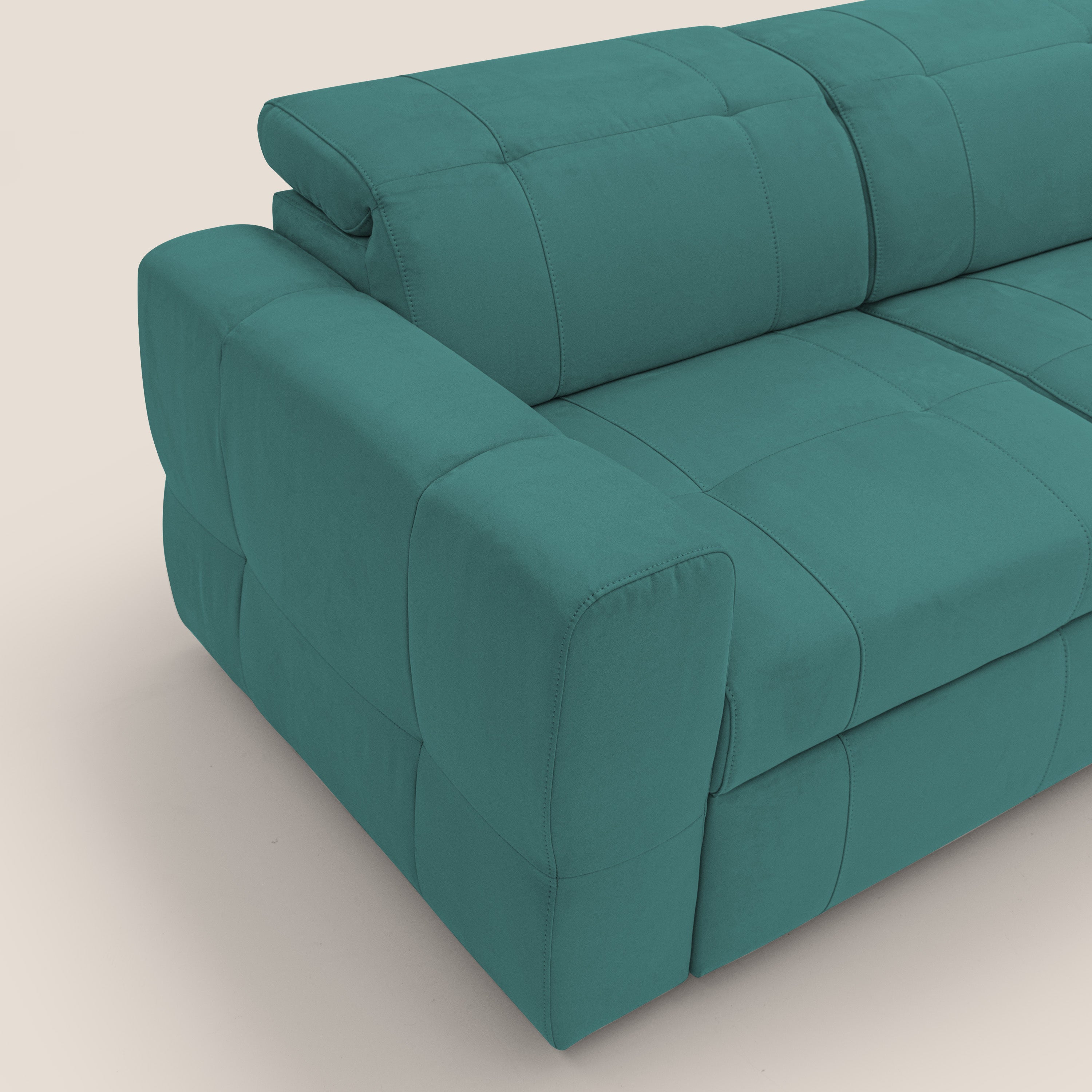 Kronos Divano angolare con poggiapiedi estraibile e pouf contenitore mobile in microfibra impermeabile T11 petrolio - divani.store