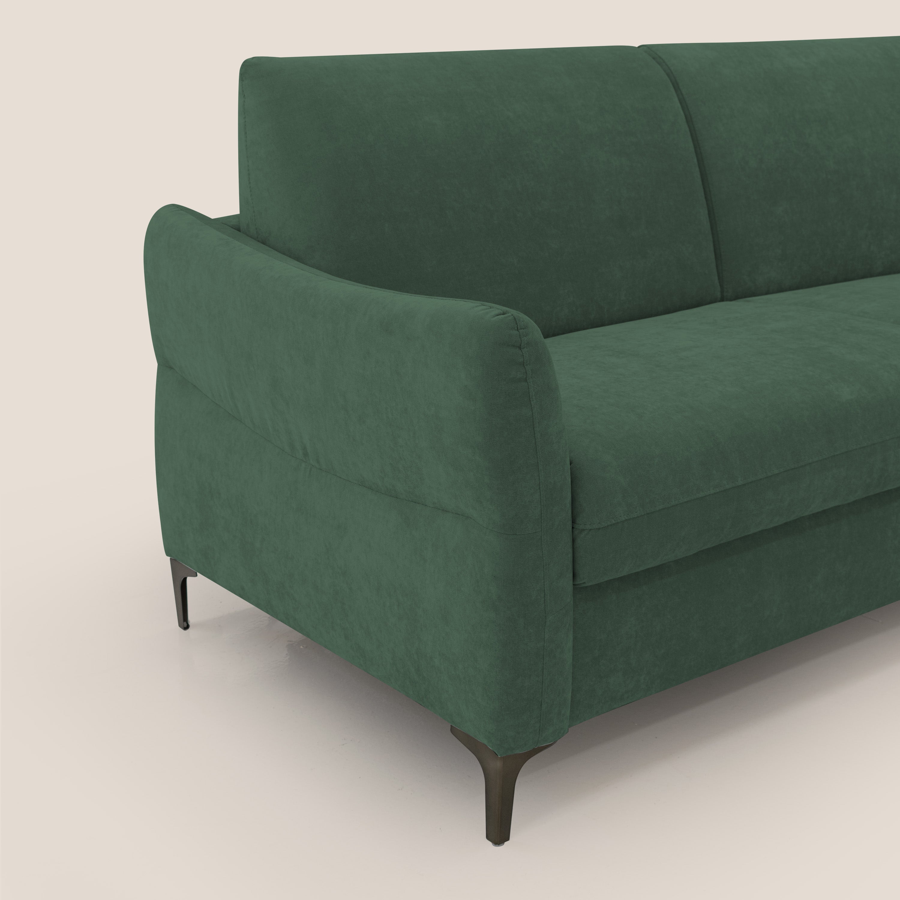 Dalia divano letto con materasso H18 cm e piedi alti in raffinato tessuto smacchiabile T17 verde - divani.store