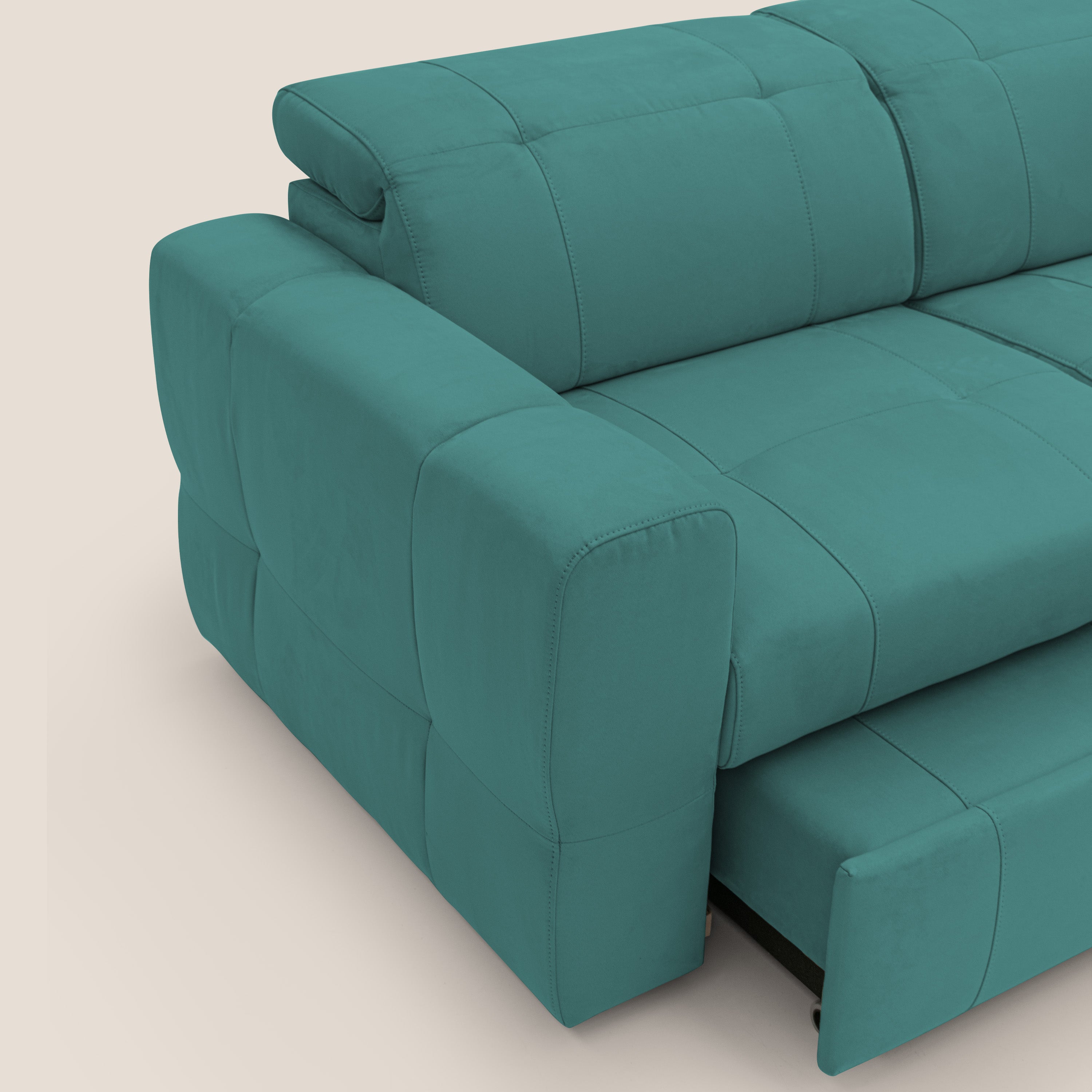 Kronos Divano con pouf estraibile poggiapiedi e poggiatesta reclinabili in morbida microfibra impermeabile T11 petrolio - divani.store