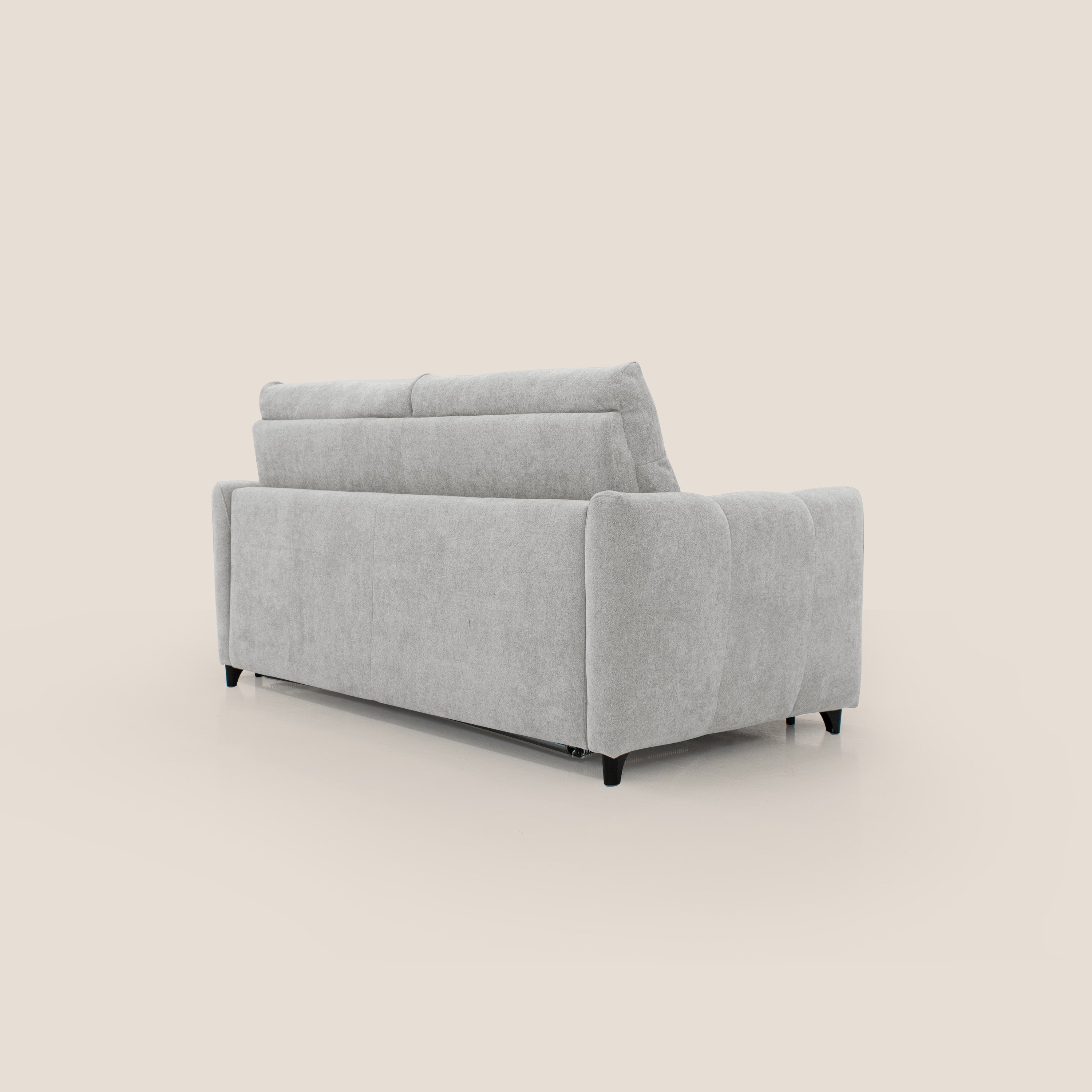 Peonia divano letto scandinavo con materasso H18 cm e morbido e alto schienale in tessuto Bouclé impermeabile T07 grigio - divani.store