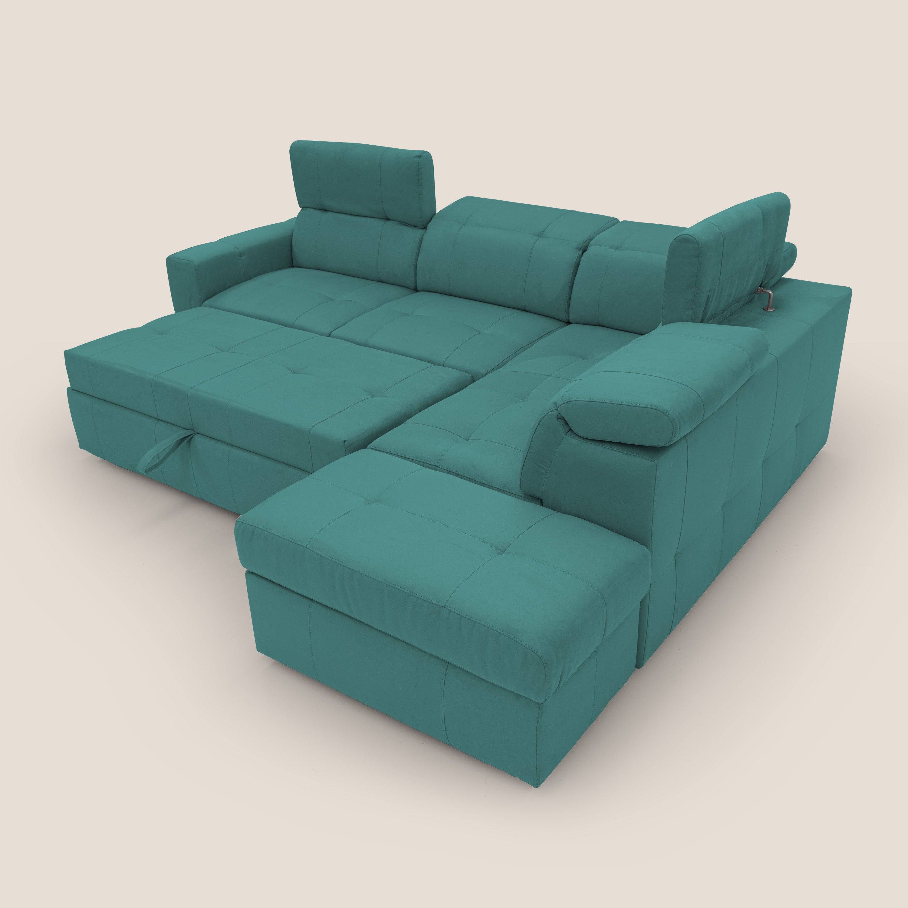 Kronos Divano angolare con poggiapiedi estraibile e pouf contenitore mobile in microfibra impermeabile T11 petrolio - divani.store