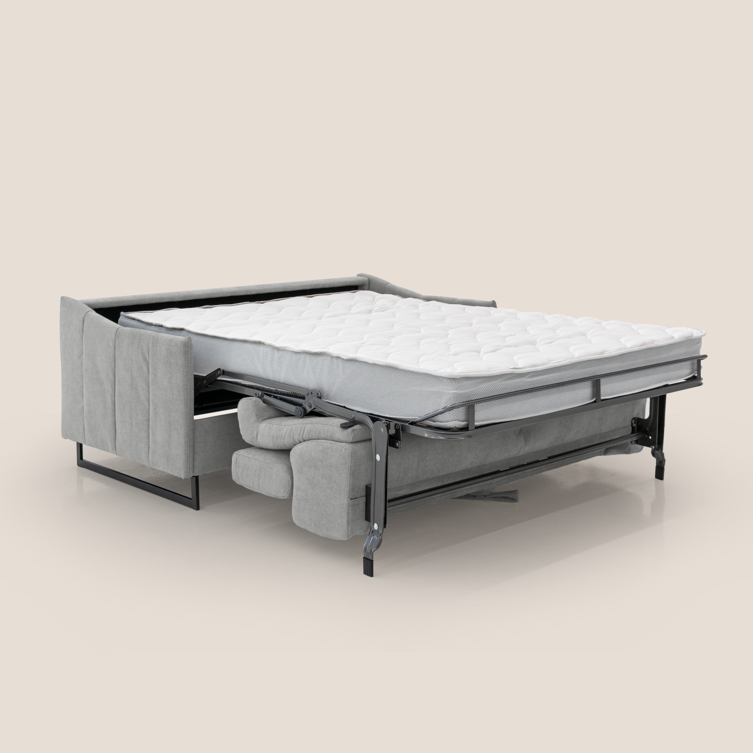 Loto divano letto salvaspazio materasso H18 cm con piedi alti in morbido tessuto impermeabile T14 grigio chiaro - divani.store