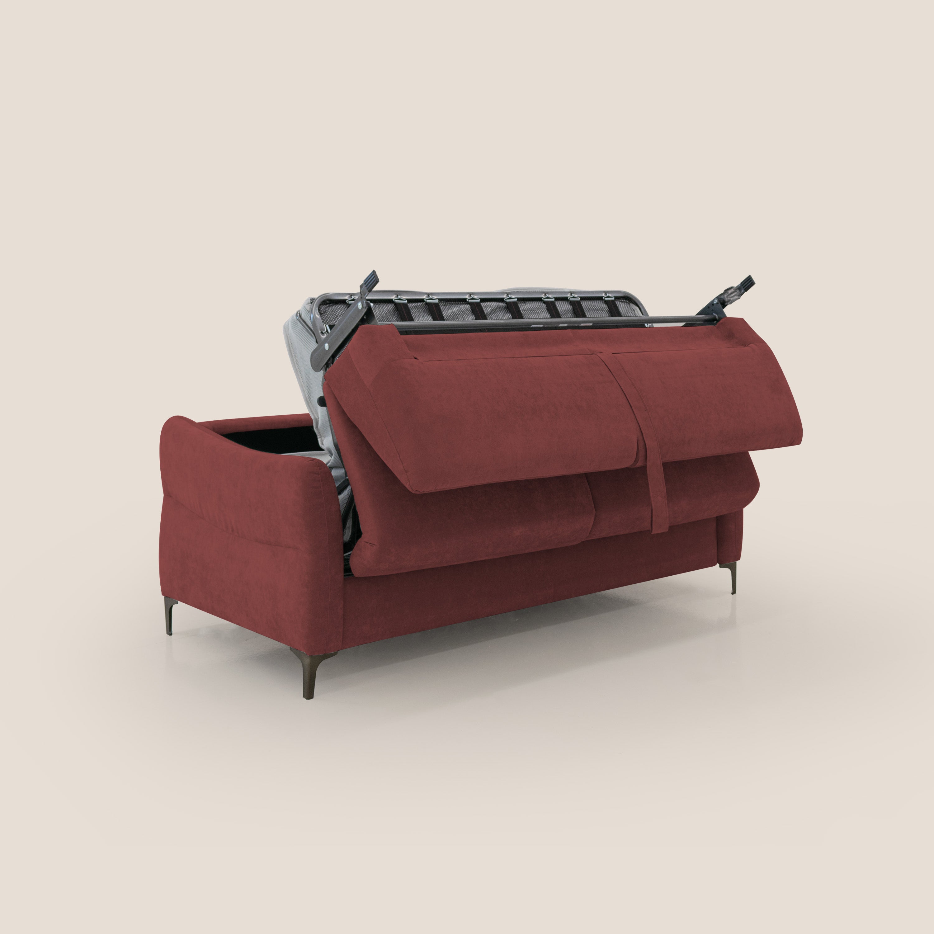 Dalia divano letto con materasso H18 cm e piedi alti in raffinato tessuto smacchiabile T17 rosso - divani.store