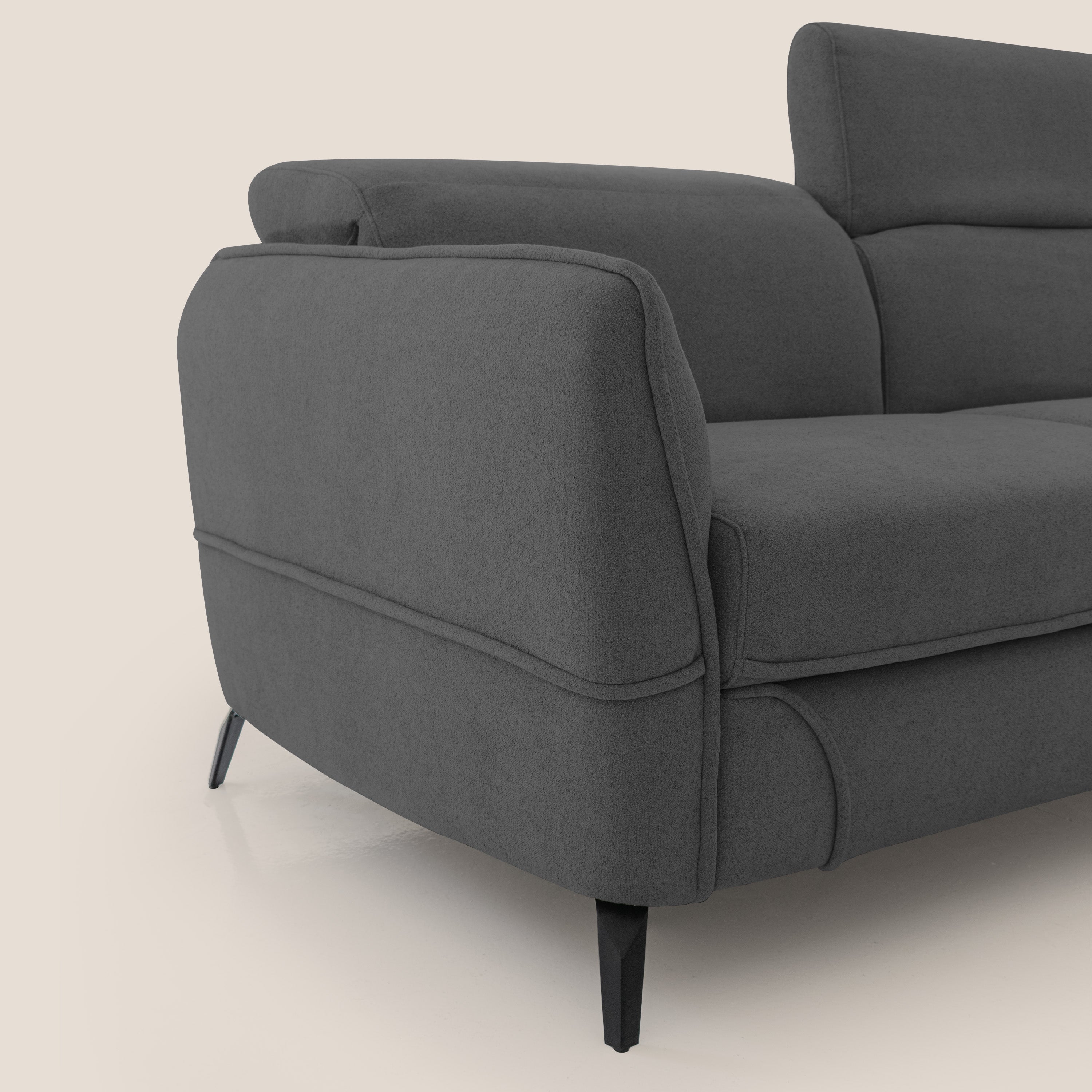 Bloom Divano con poggiapiedi estraibile piedini alti e poggiatesta reclinabili in tessuto bouclé impermeabile T07 antracite - divani.store