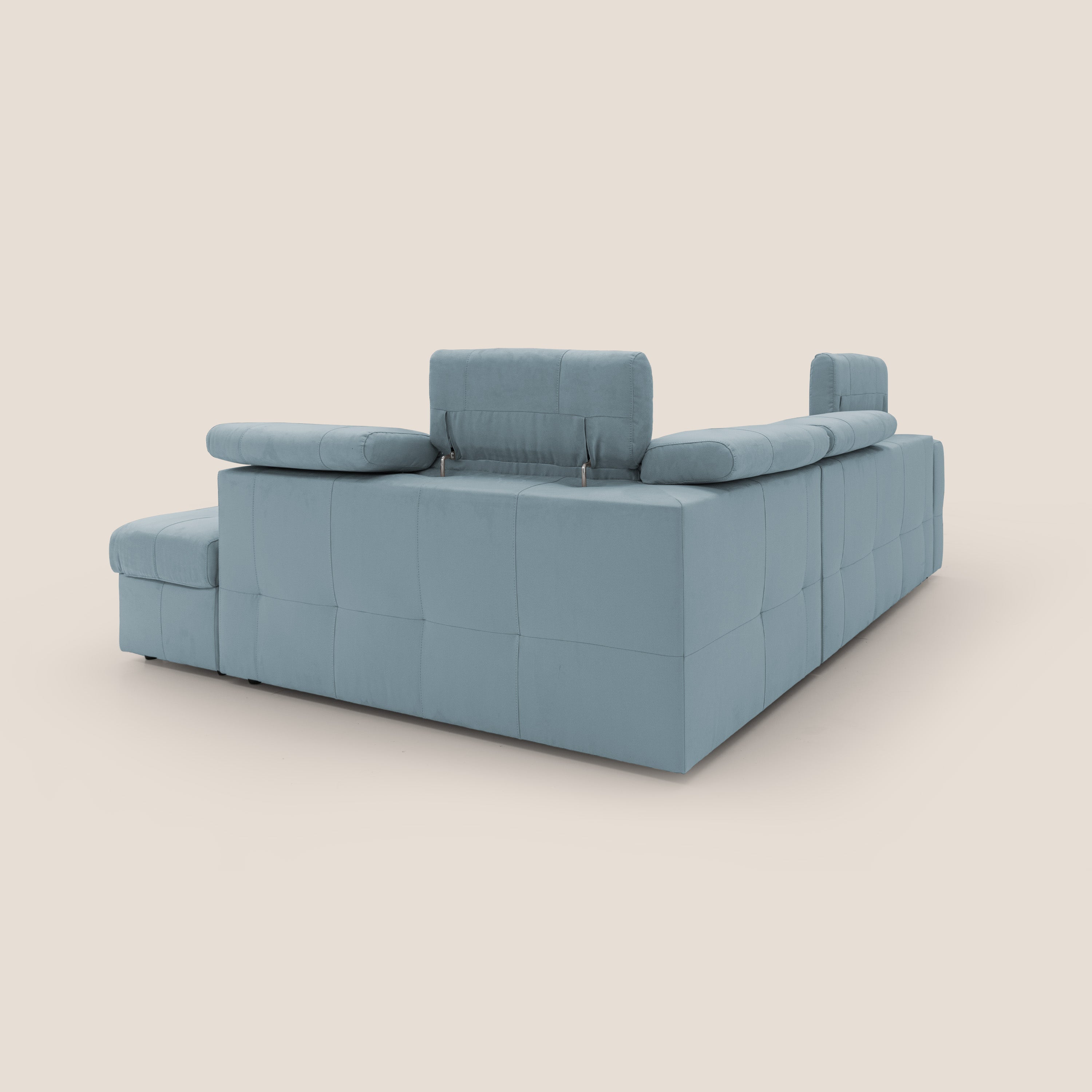 Kronos Divano angolare con poggiapiedi estraibile e pouf contenitore mobile in microfibra impermeabile T11 carta da zucchero - divani.store