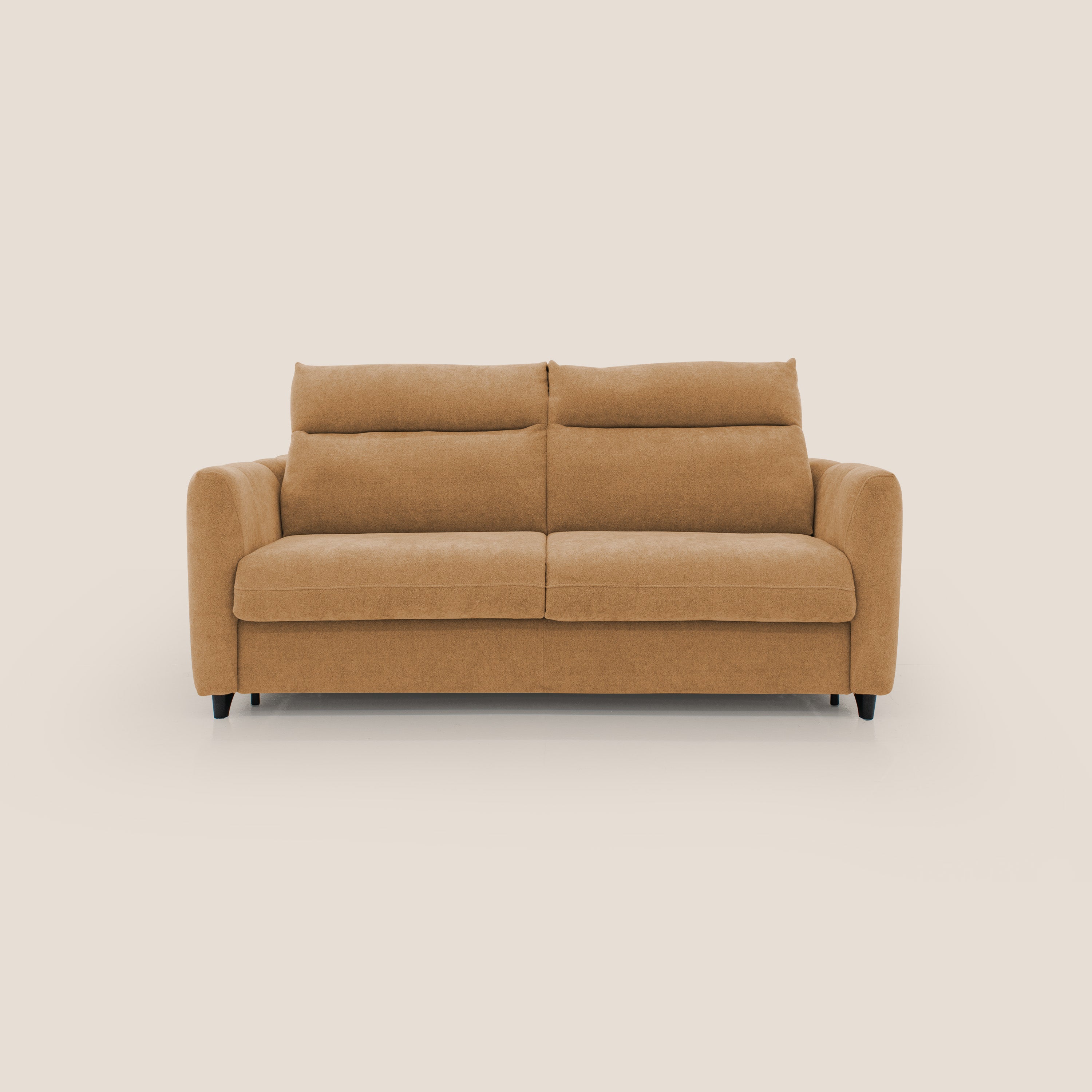 Peonia divano letto scandinavo con materasso H18 cm e morbido e alto schienale in tessuto Bouclé impermeabile T07 arancio - divani.store