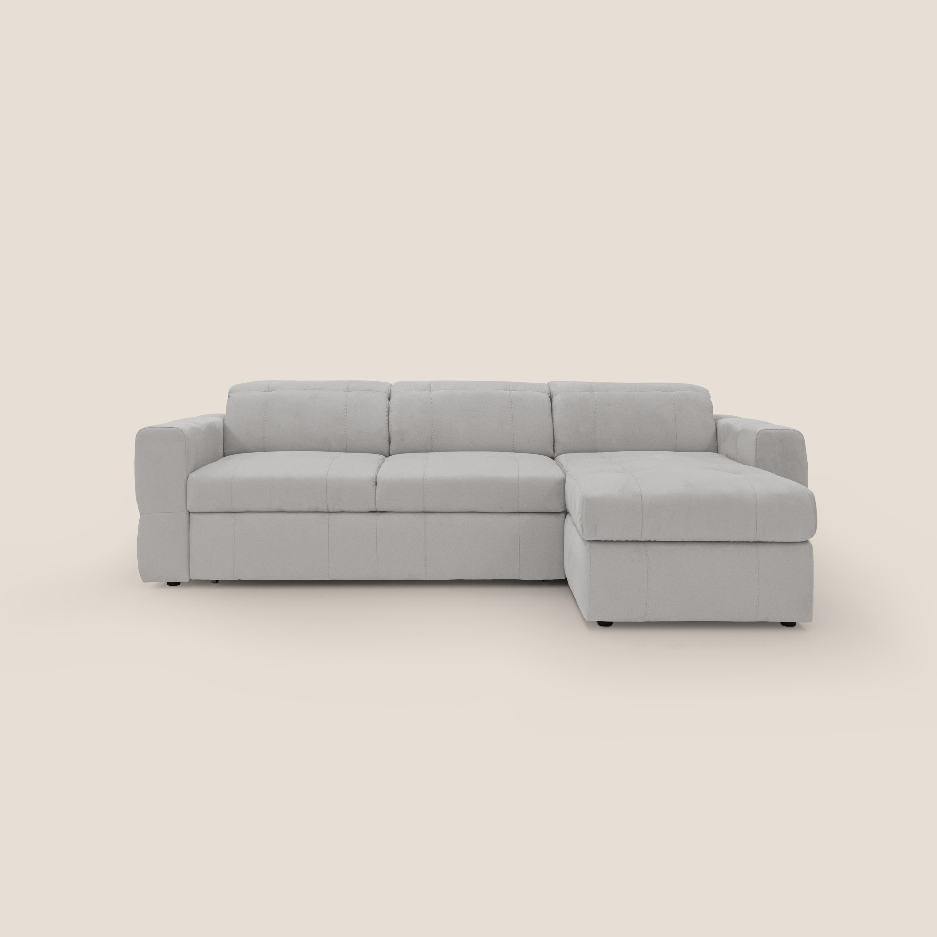 Kronos Divano angolare con pouf estraibile e penisola contenitore in microfibra impermeabile T11 grigio chiaro - divani.store
