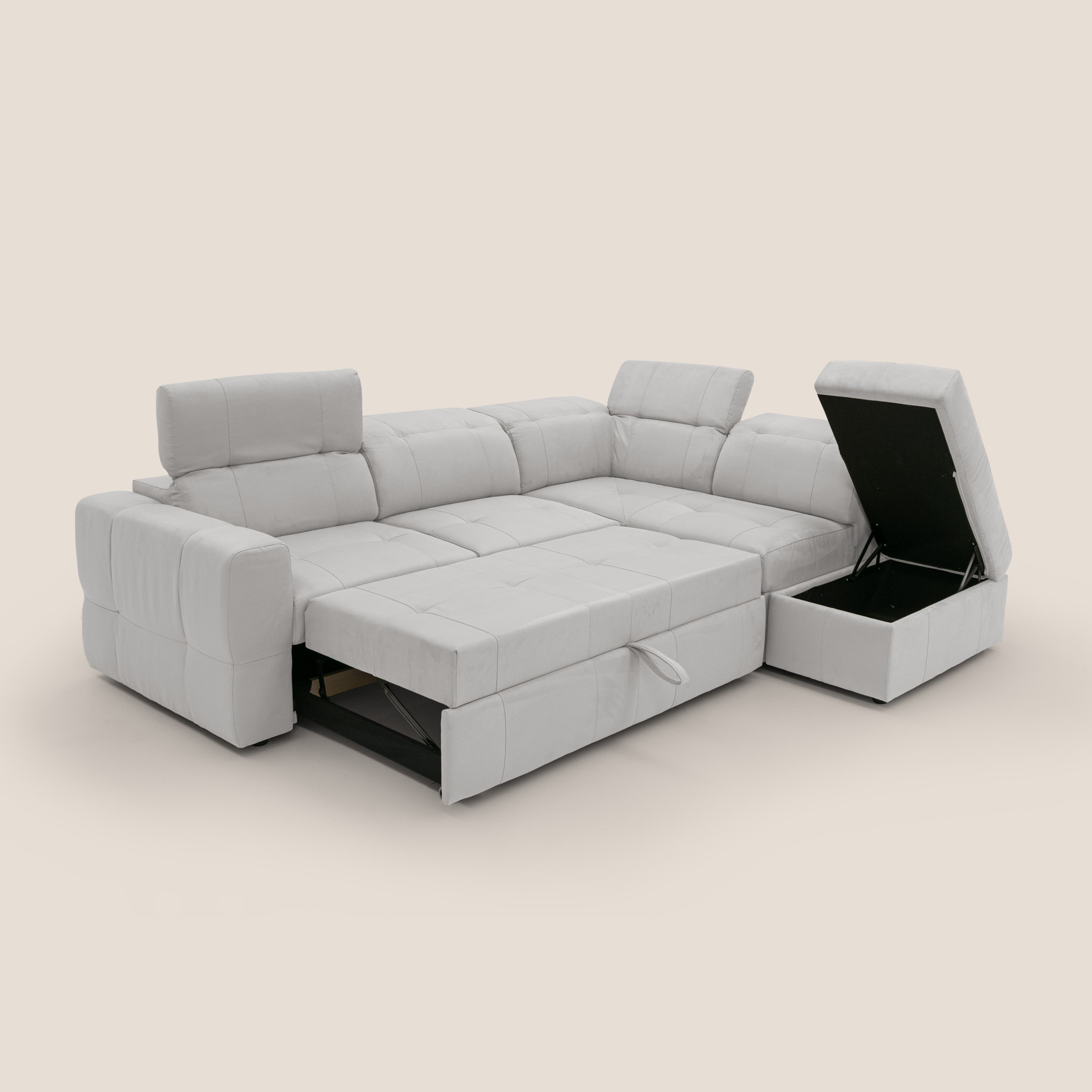 Kronos Divano angolare con poggiapiedi estraibile e pouf contenitore mobile in microfibra impermeabile T11 grigio chiaro - divani.store