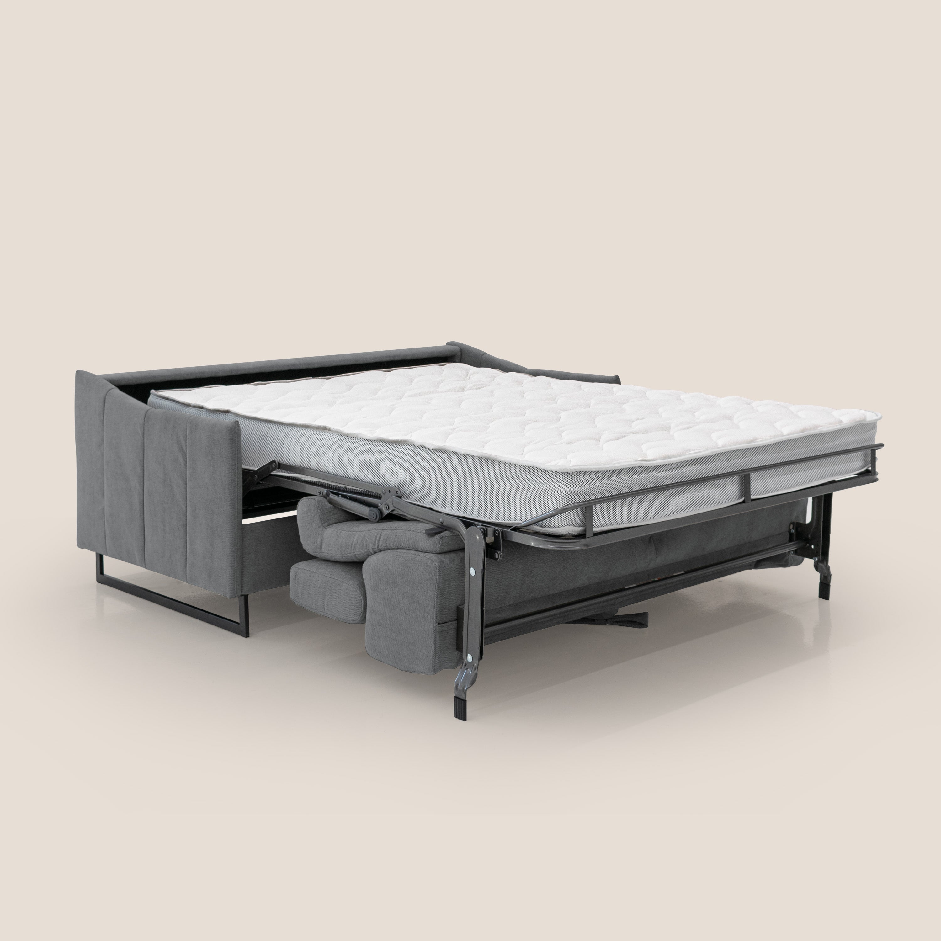 Loto divano letto salvaspazio materasso H18 cm con piedi alti in morbido tessuto impermeabile T14 grigio - divani.store