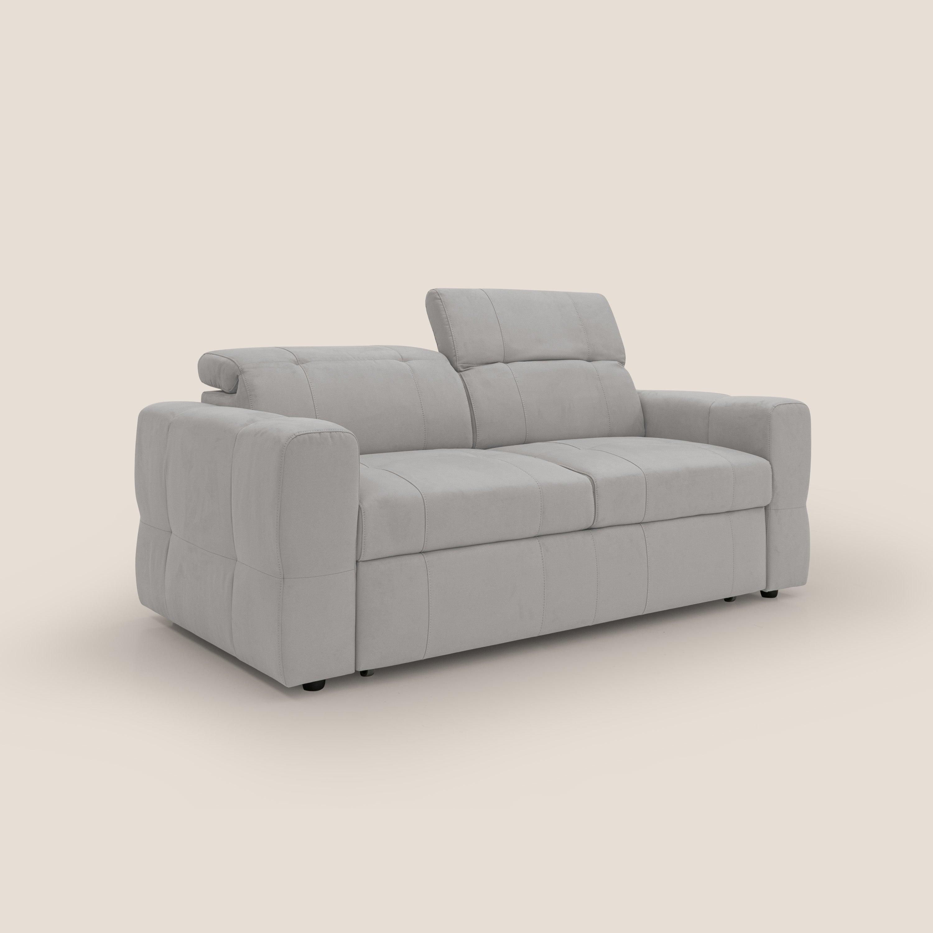 Kronos Divano con pouf estraibile poggiapiedi e poggiatesta reclinabili in morbida microfibra impermeabile T11 grigio chiaro - divani.store