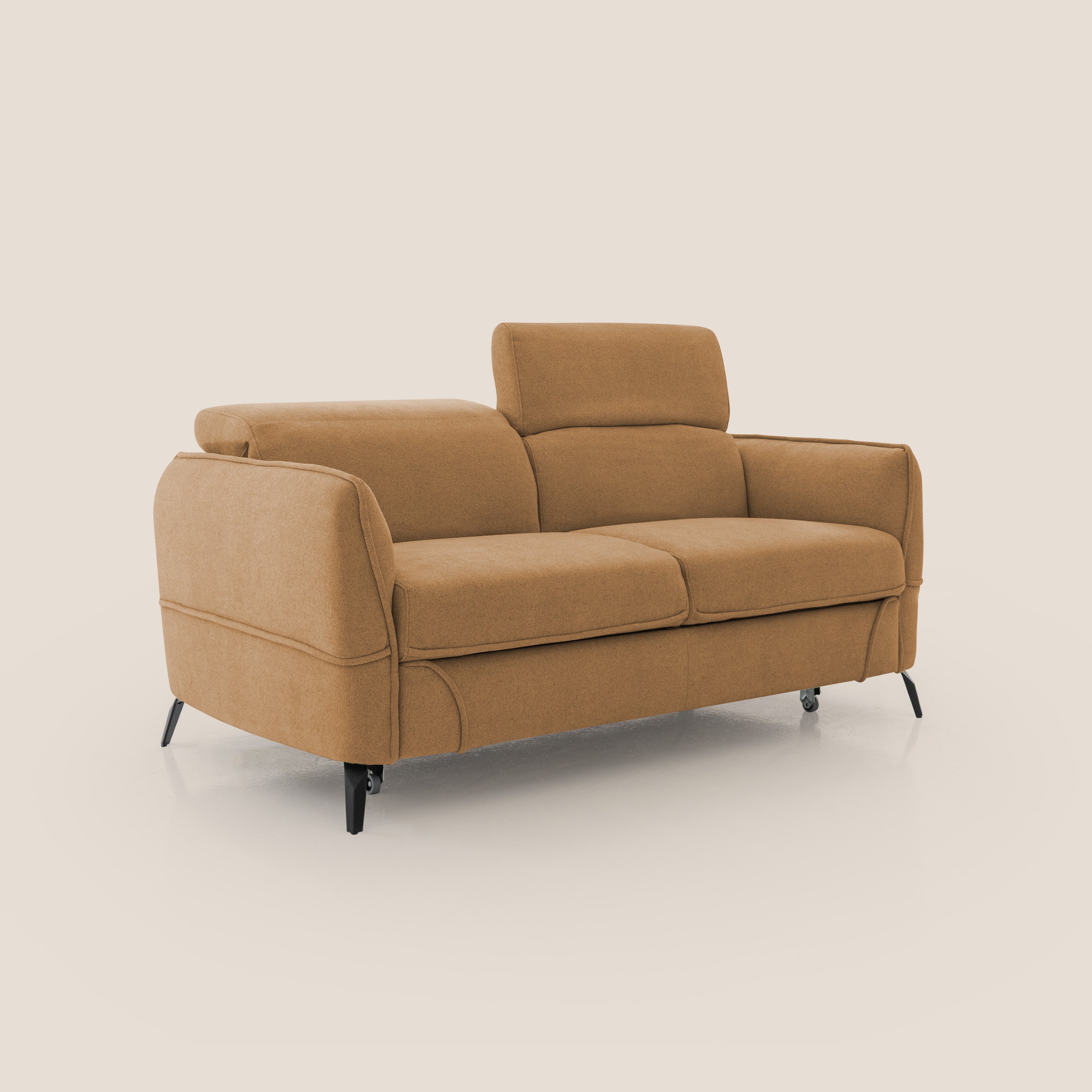 Bloom Divano con poggiapiedi estraibile piedini alti e poggiatesta reclinabili in tessuto bouclé impermeabile T07 arancio - divani.store