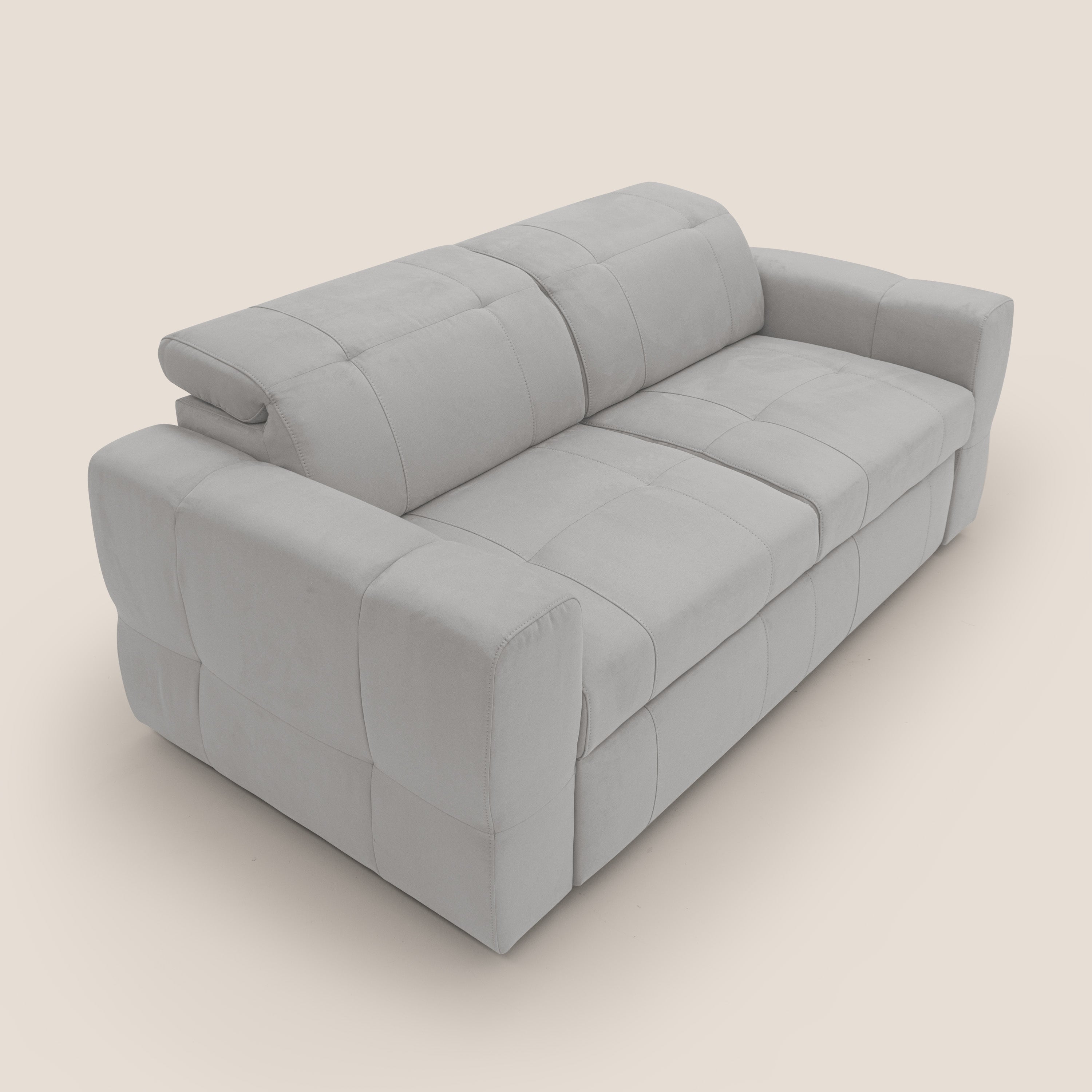 Kronos Divano con pouf estraibile poggiapiedi e poggiatesta reclinabili in morbida microfibra impermeabile T11 grigio chiaro - divani.store