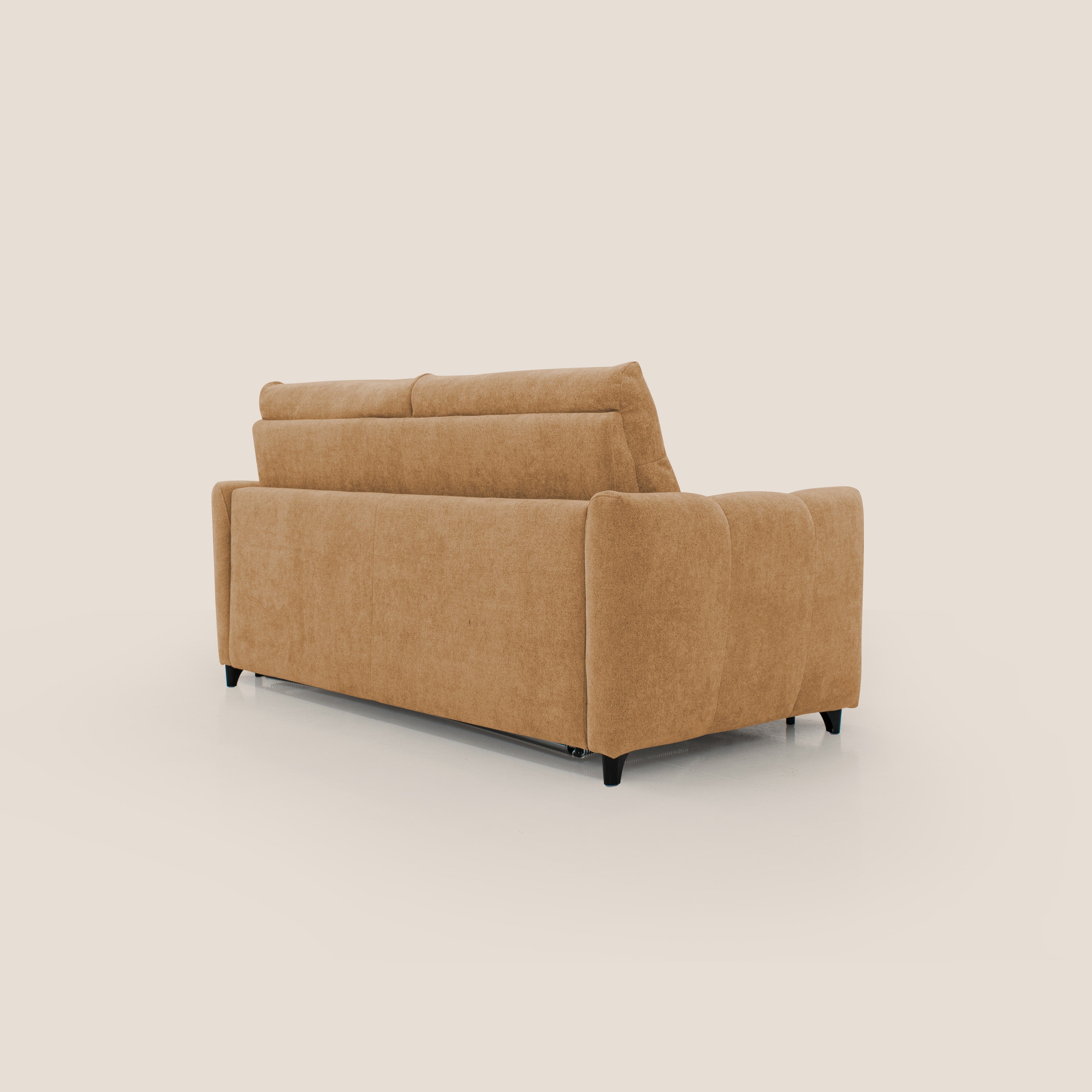 Peonia divano letto scandinavo con materasso H18 cm e morbido e alto schienale in tessuto Bouclé impermeabile T07 arancio - divani.store