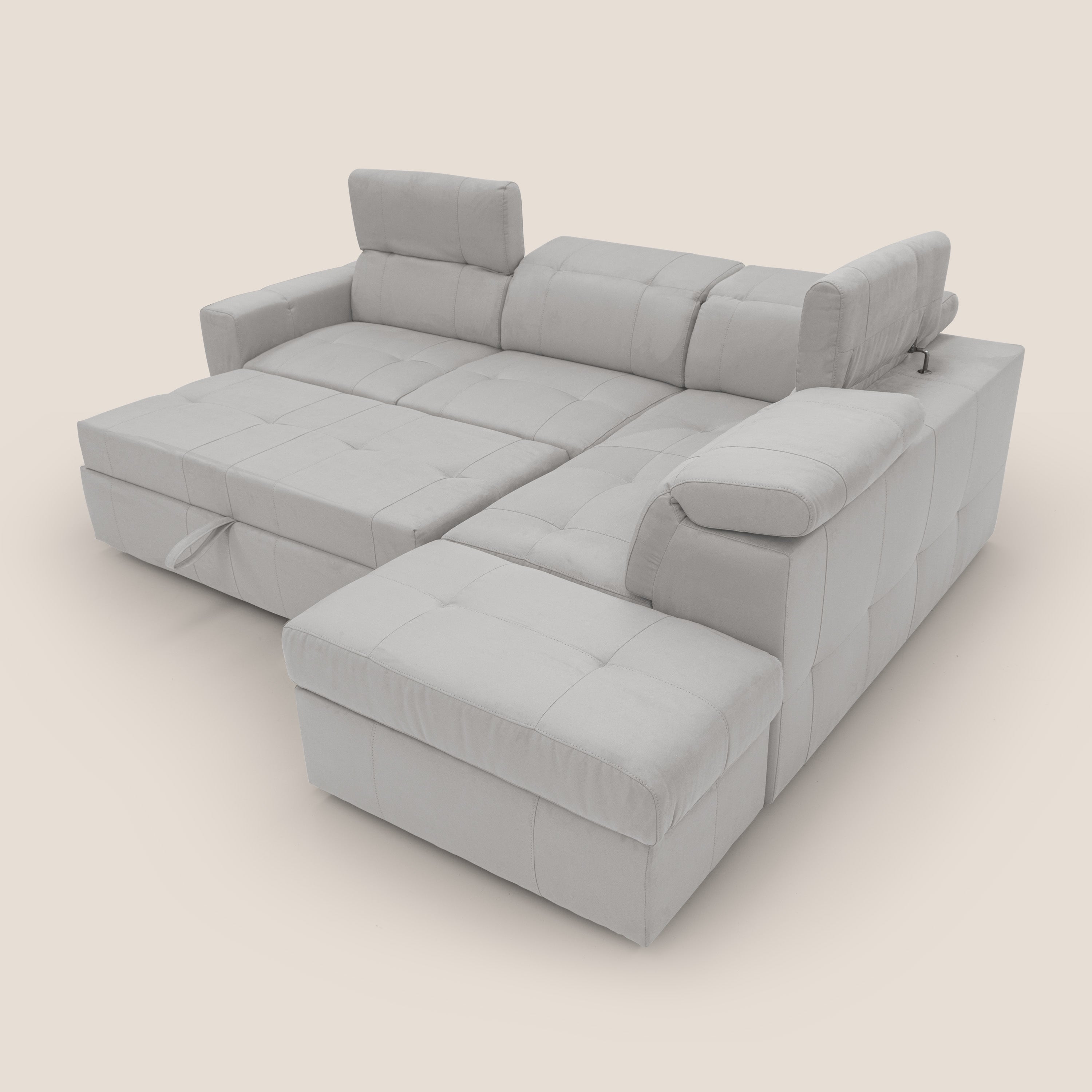 Kronos Divano angolare con poggiapiedi estraibile e pouf contenitore mobile in microfibra impermeabile T11 grigio chiaro - divani.store