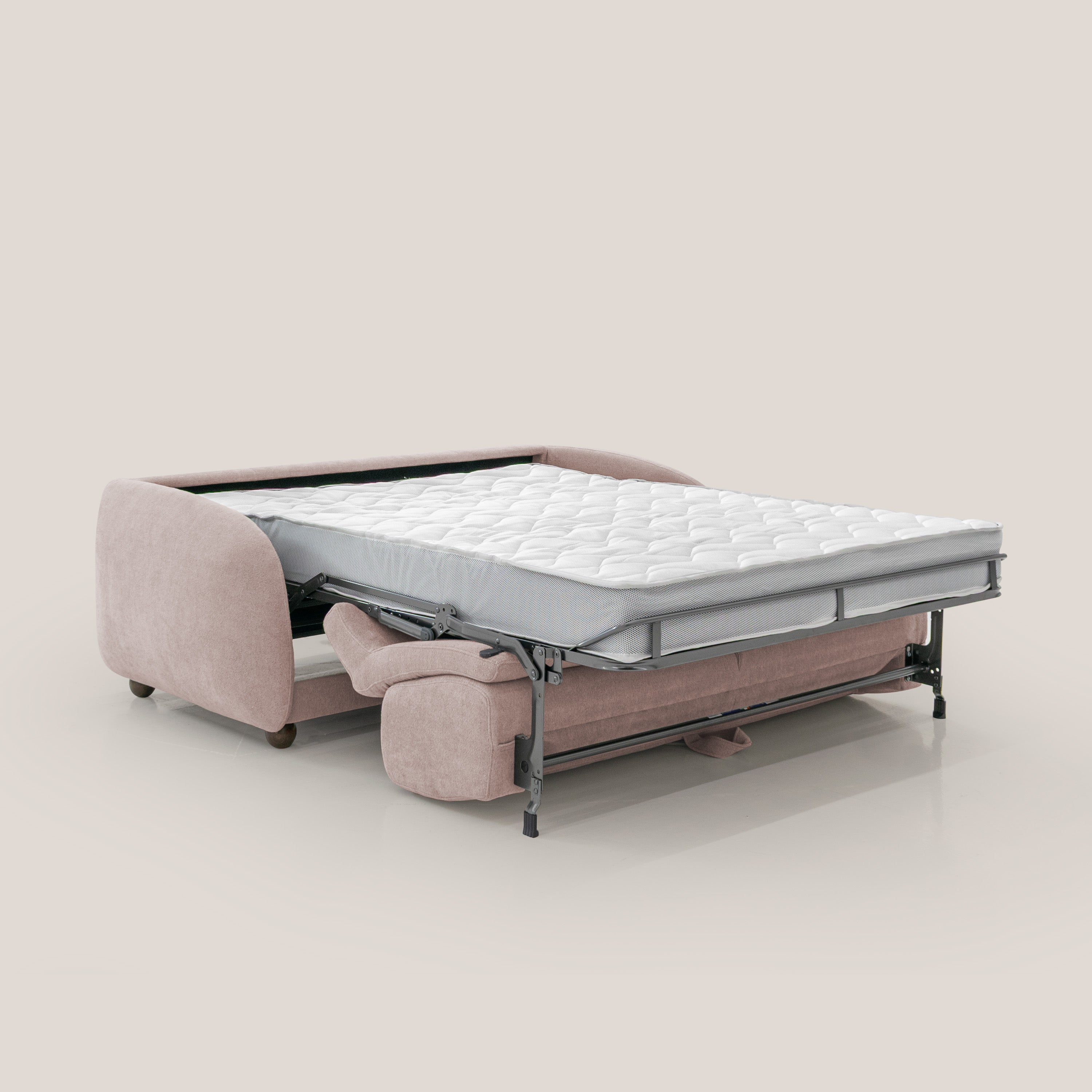 Giglio divano letto scandinavo japandi con materasso H18 cm in tessuto Bouclé impermeabile T07 rosa - divani.store
