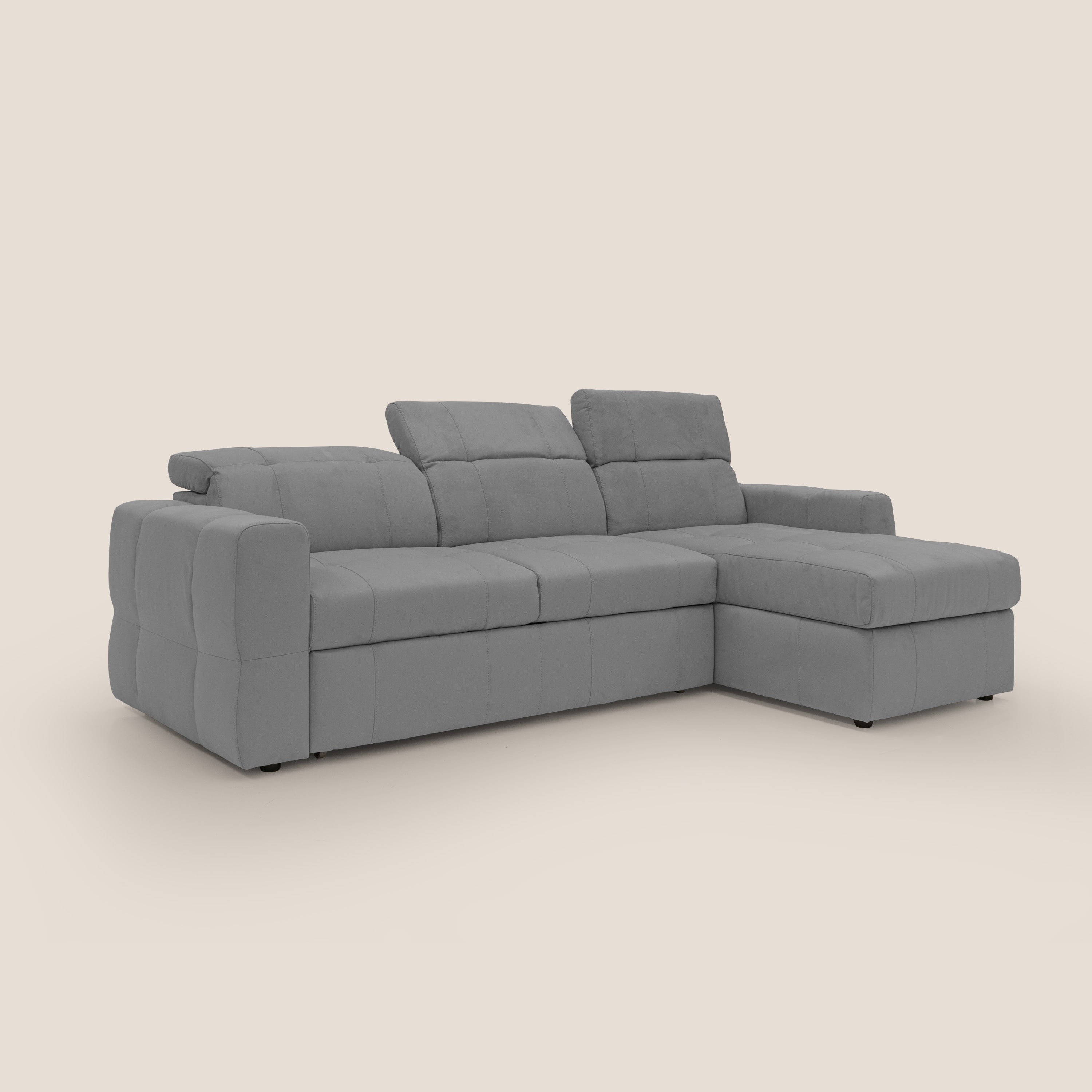 Kronos Divano angolare con pouf estraibile e penisola contenitore in microfibra impermeabile T11 grigio - divani.store