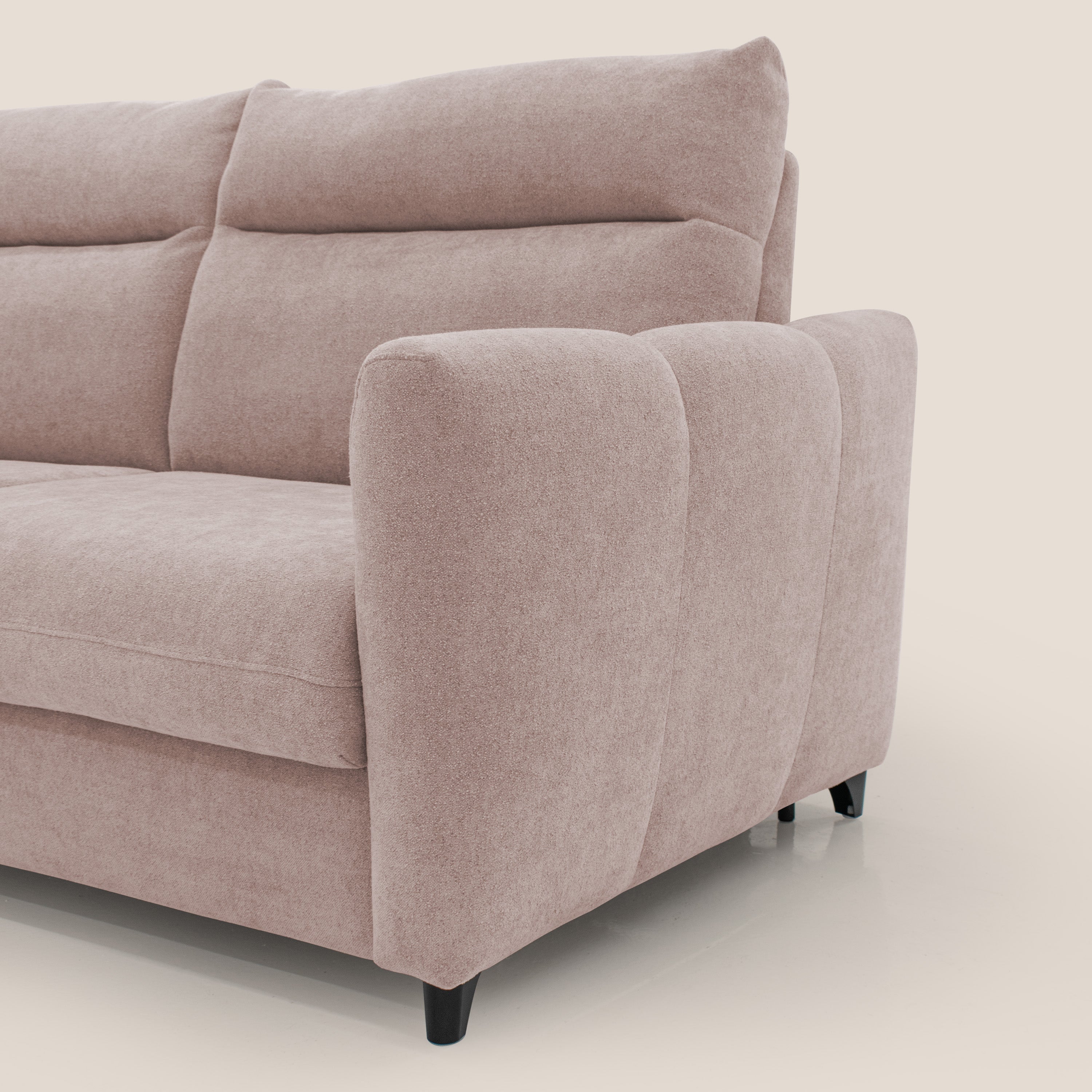 Peonia divano letto scandinavo con materasso H18 cm e morbido e alto schienale in tessuto Bouclé impermeabile T07 rosa - divani.store