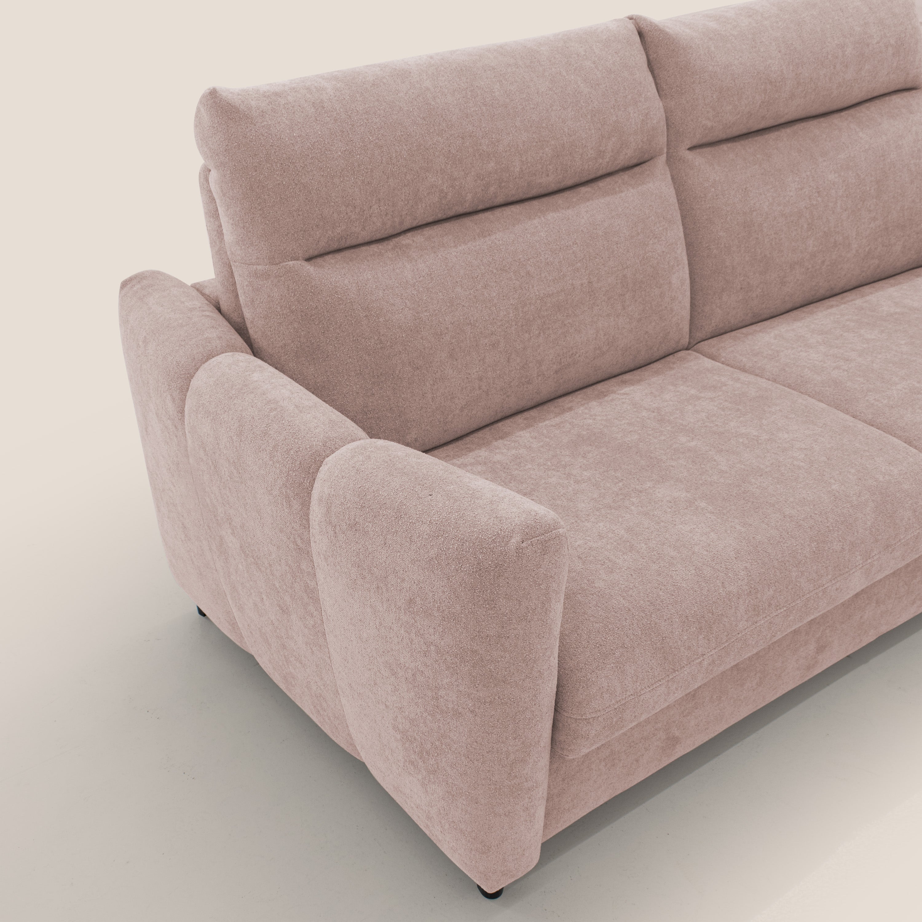 Peonia divano letto scandinavo con materasso H18 cm e morbido e alto schienale in tessuto Bouclé impermeabile T07 rosa - divani.store