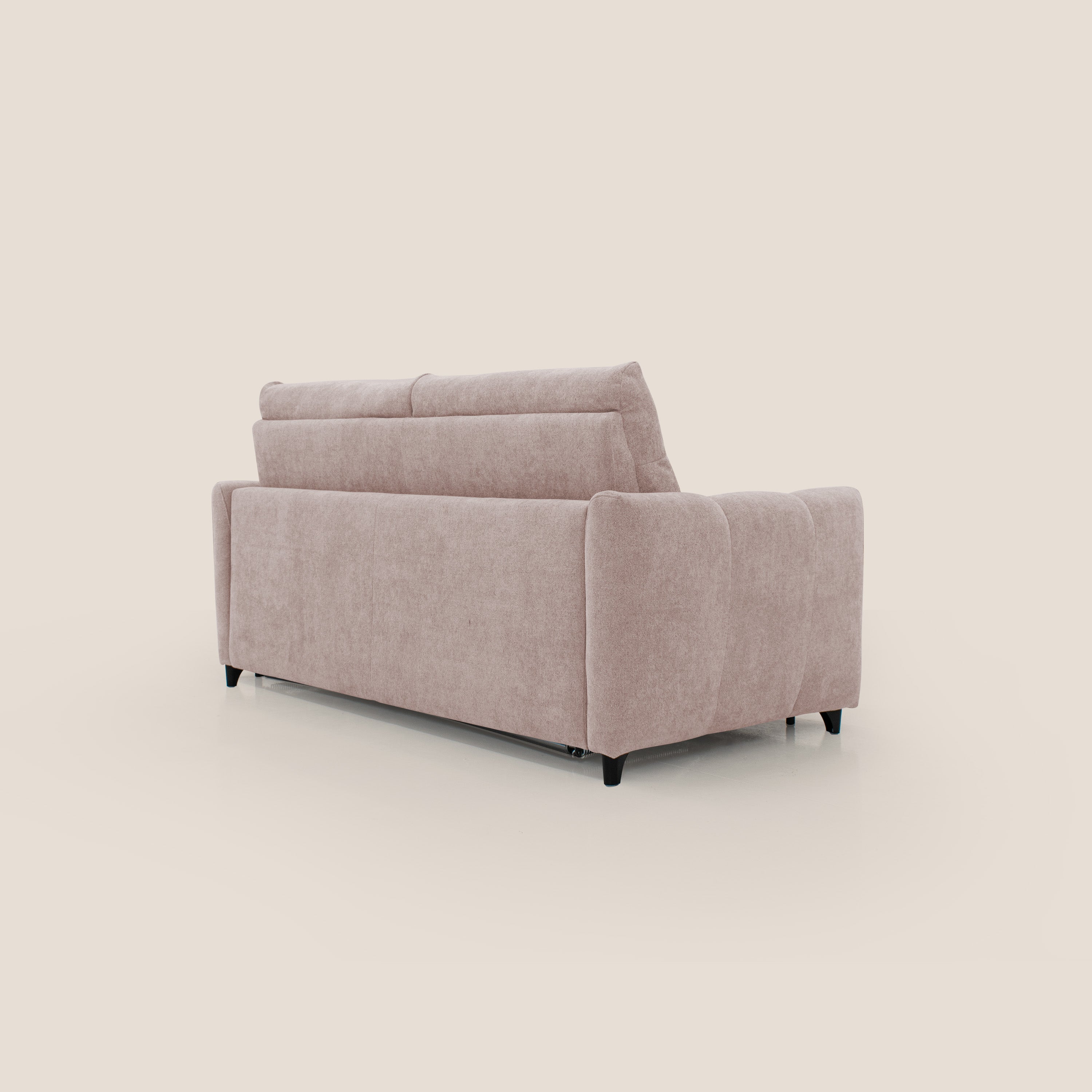 Peonia divano letto scandinavo con materasso H18 cm e morbido e alto schienale in tessuto Bouclé impermeabile T07 rosa - divani.store