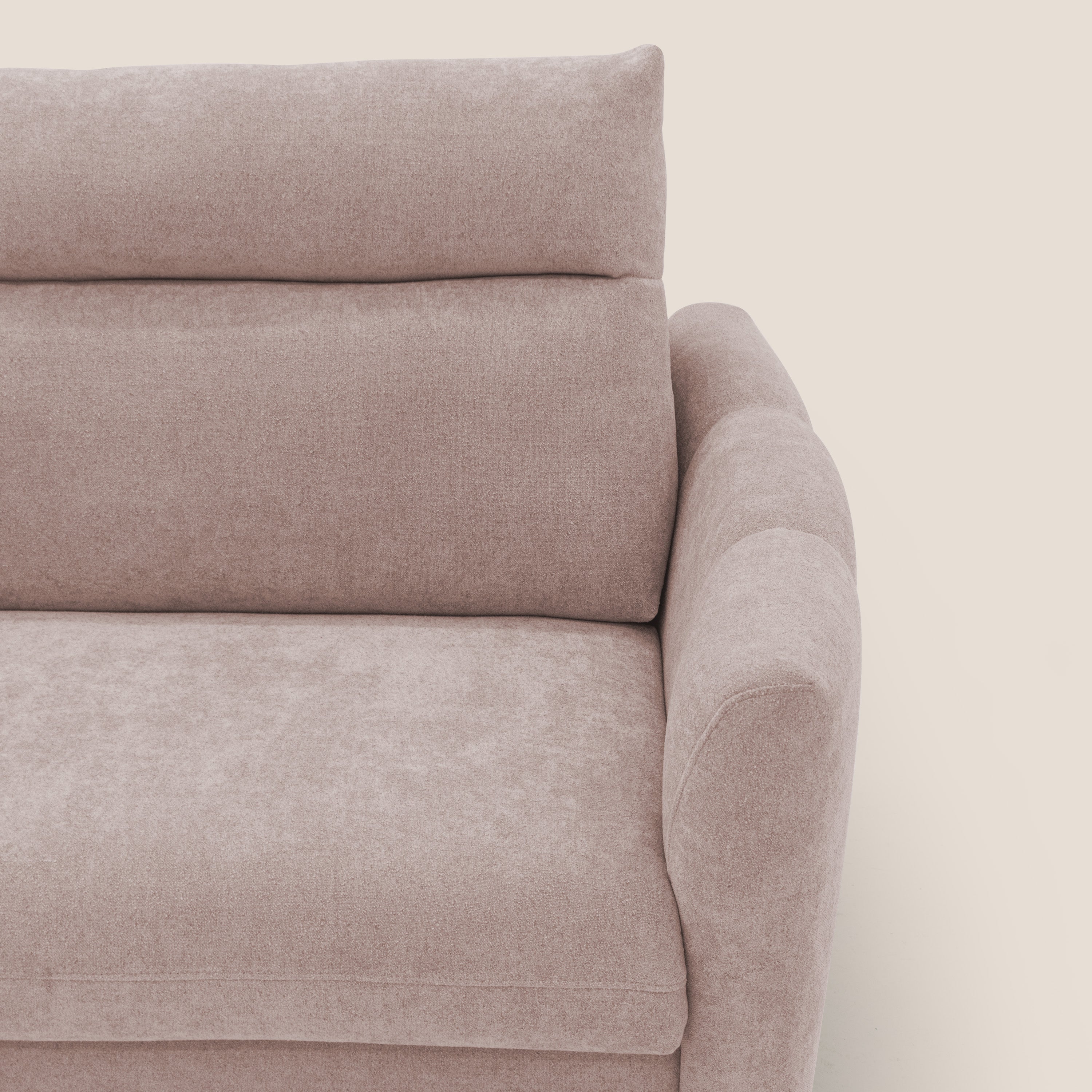 Peonia divano letto scandinavo con materasso H18 cm e morbido e alto schienale in tessuto Bouclé impermeabile T07 rosa - divani.store