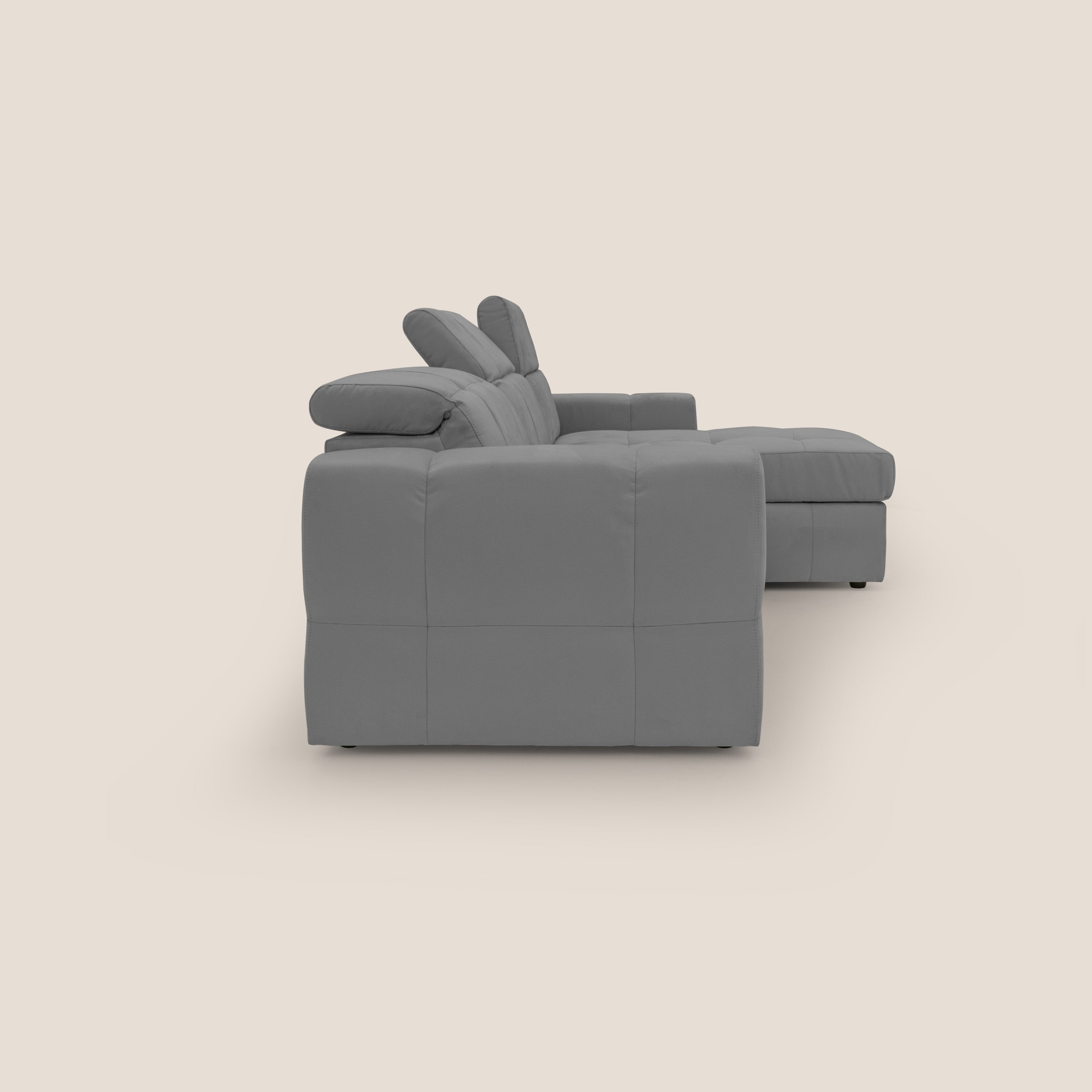 Kronos Divano angolare con pouf estraibile e penisola contenitore in microfibra impermeabile T11 grigio - divani.store