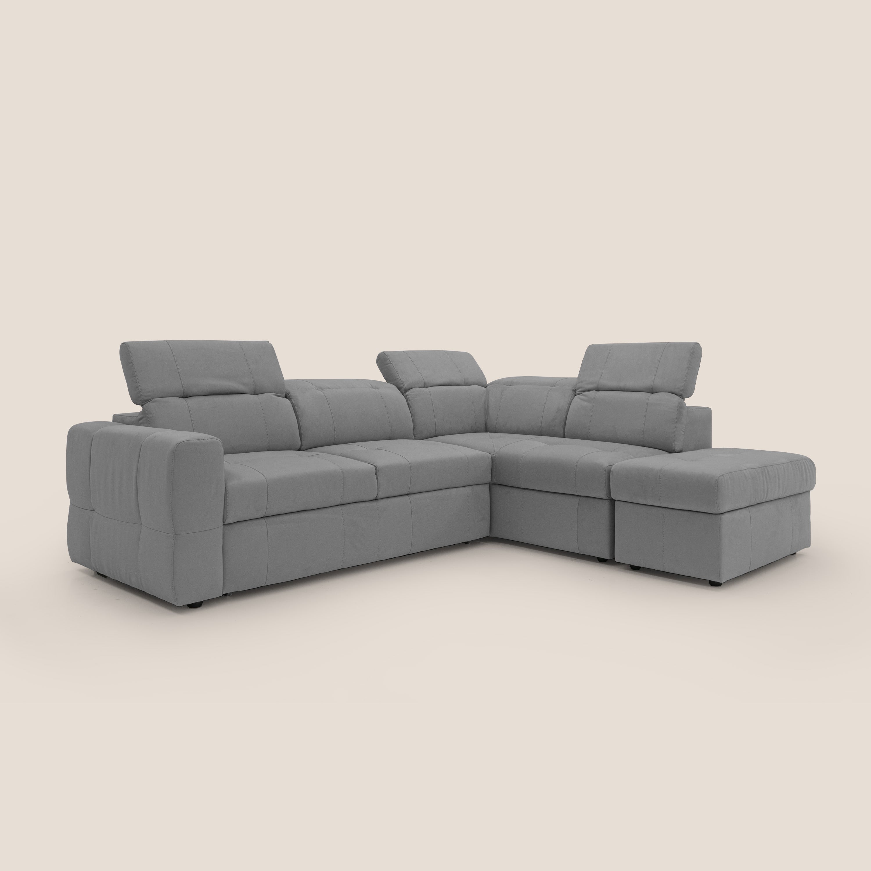 Kronos Divano angolare con poggiapiedi estraibile e pouf contenitore mobile in microfibra impermeabile T11 grigio - divani.store