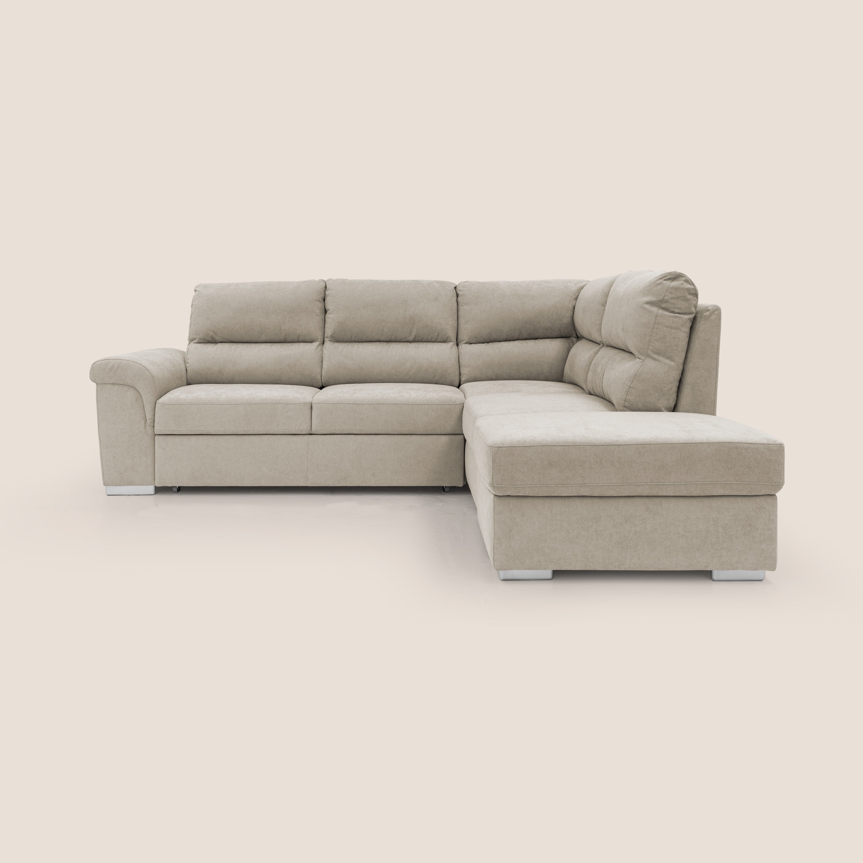 Minerva divano angolare con estraibile a cassettone e pouf contenitore in tessuto morbido impermeabile T02 panna - divani.store