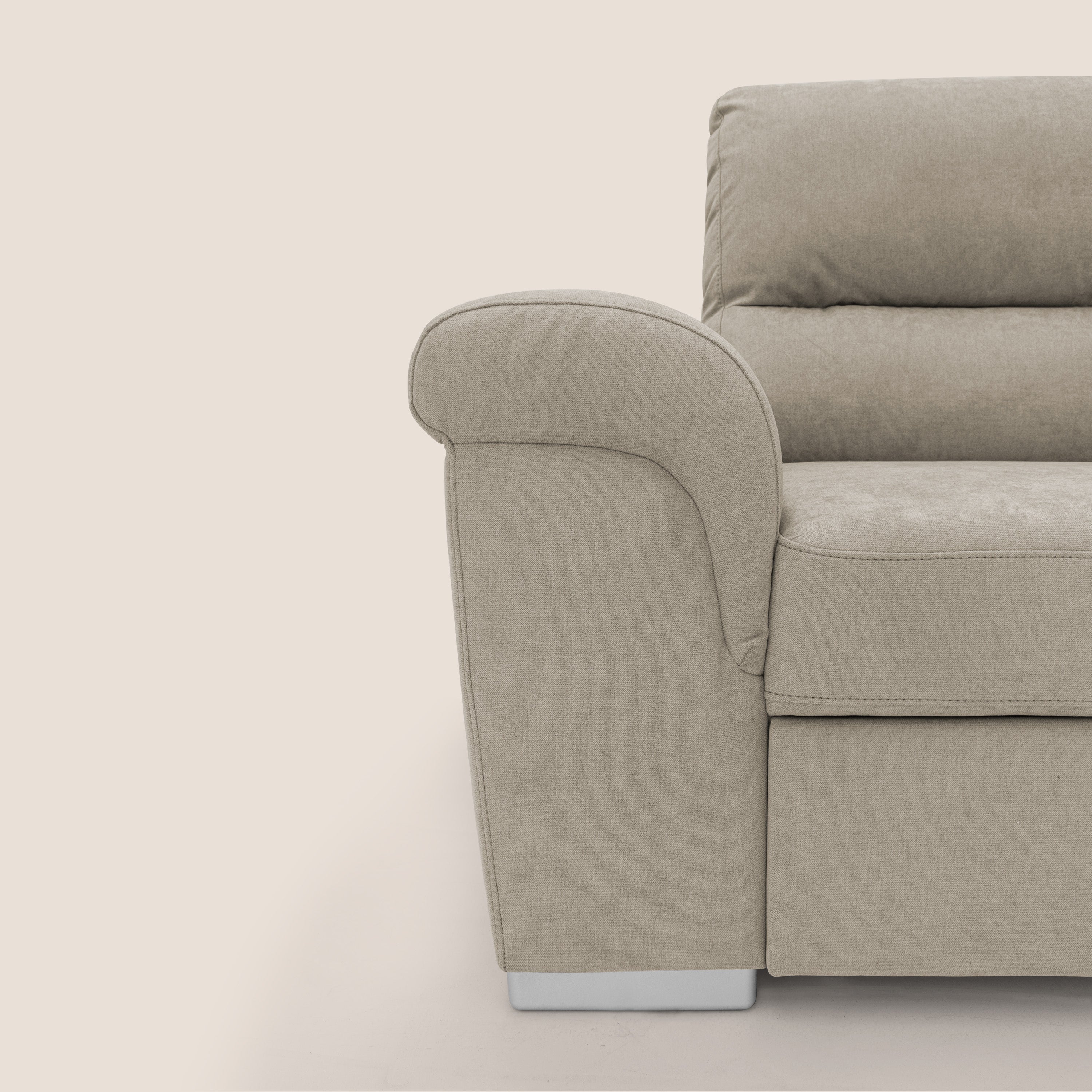 Minerva divano angolare con estraibile a cassettone e pouf contenitore in tessuto morbido impermeabile T02 panna - divani.store