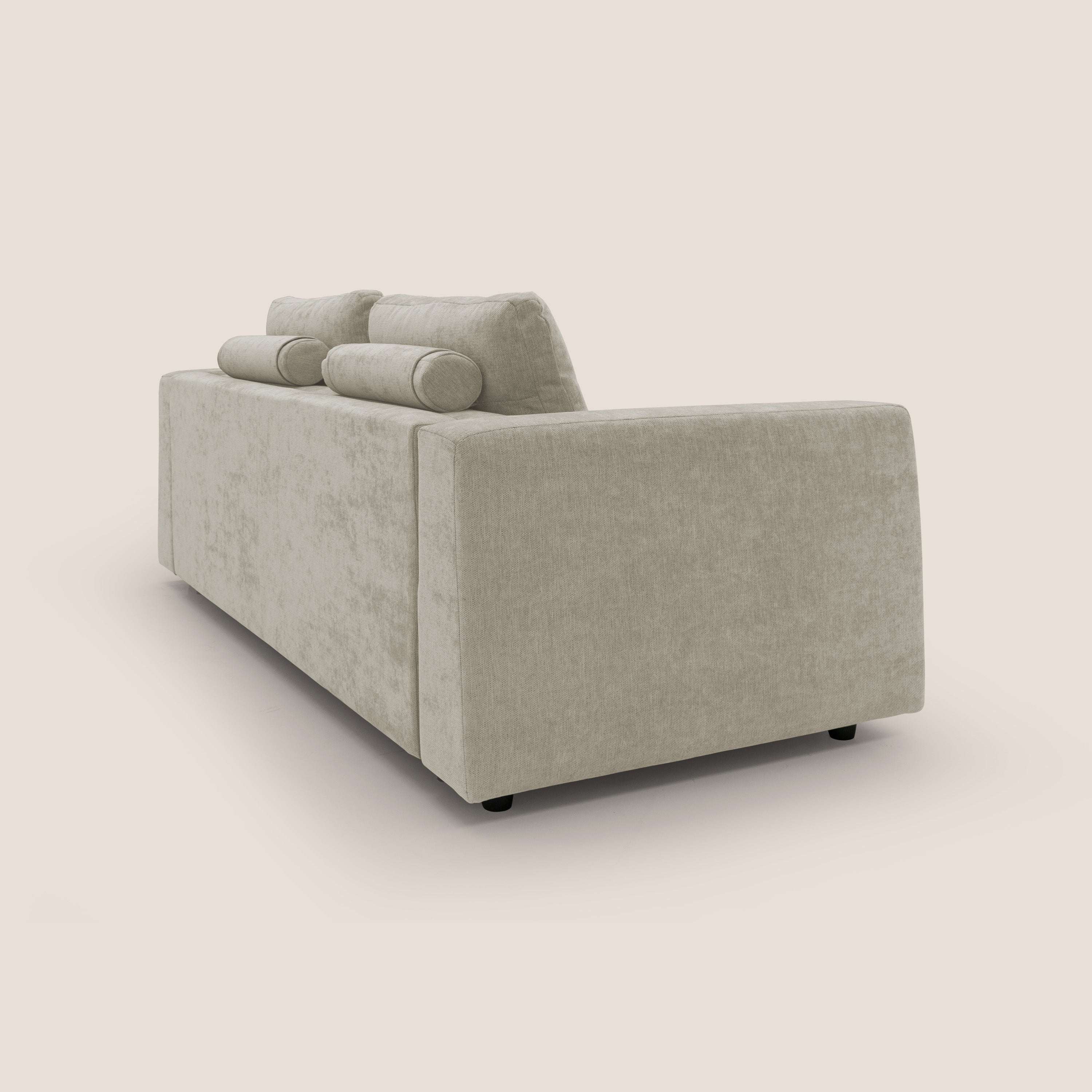 Freia Divano letto minimal materasso h15 cm con morbidi schienali in tessuto impermeabile T14 panna - divani.store