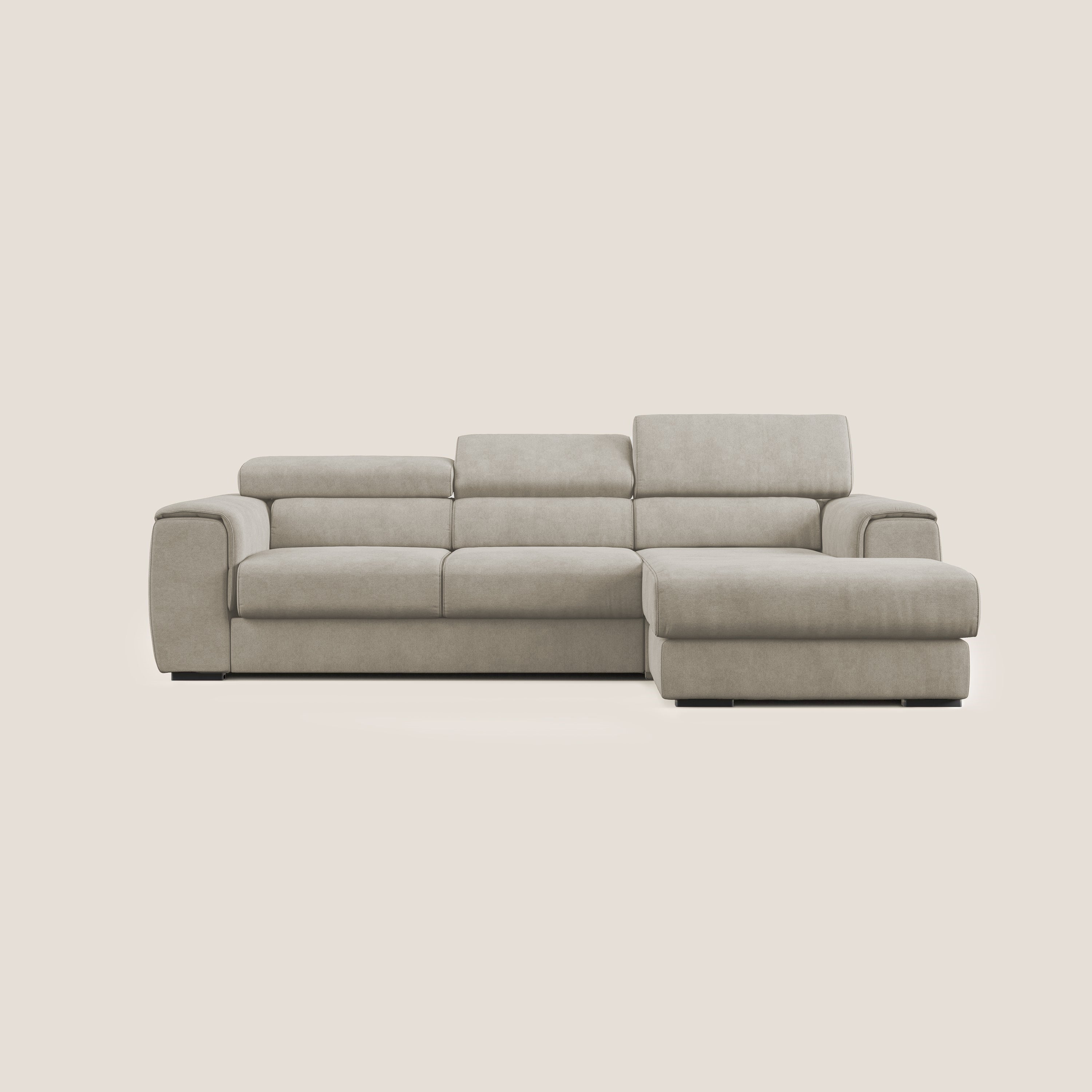 Zeno Divano angolare con pouf estraibile poggiapiedi in tessuto morbido impermeabile T02 panna - divani.store