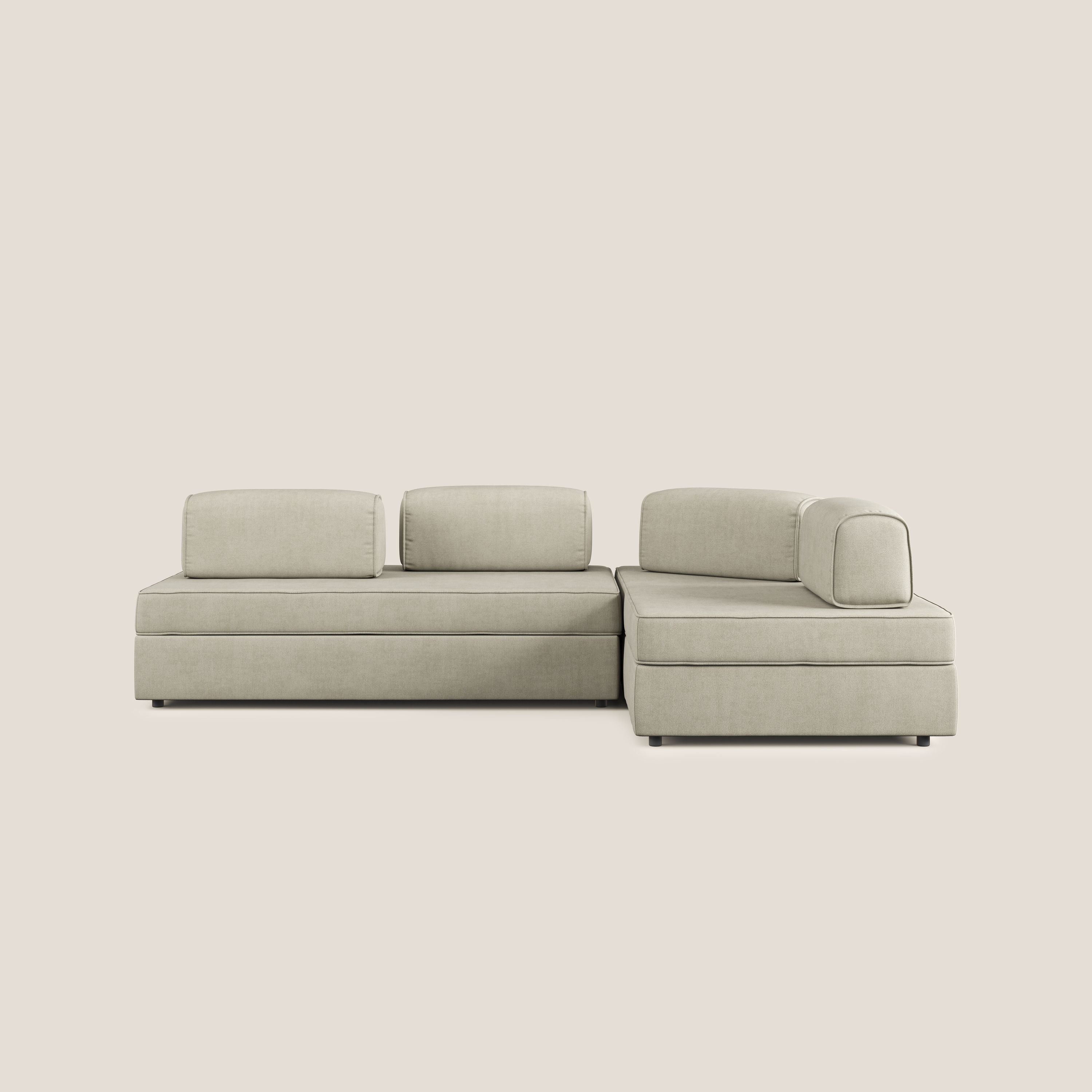 Liberty divano angolare con pouf estraibile e schienali movibili in tessuto morbido impermeabile T02 panna - divani.store