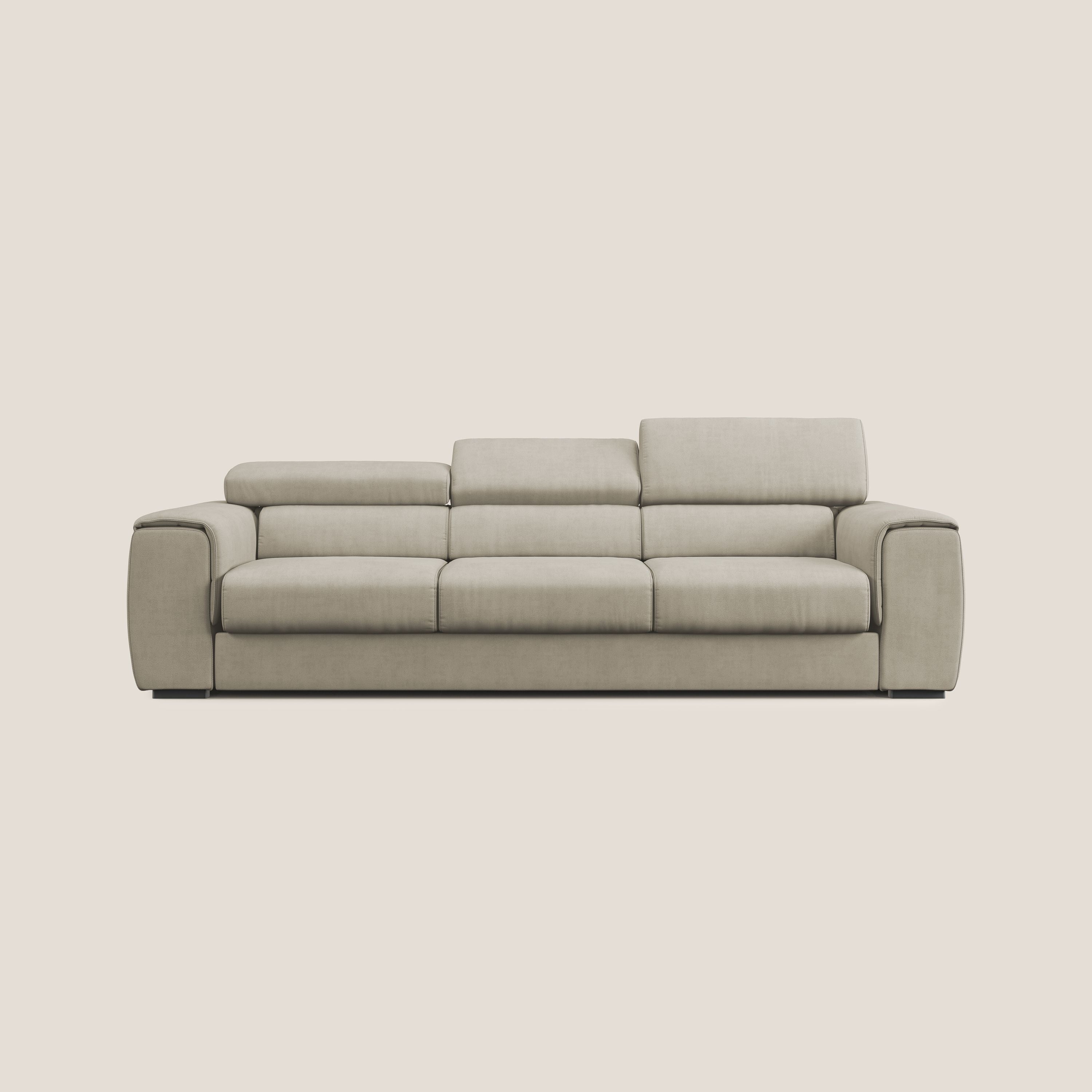 Zeno Divano con pouf estraibile poggiapiedi a 3 sedute in tessuto morbido impermeabile T02 panna - divani.store