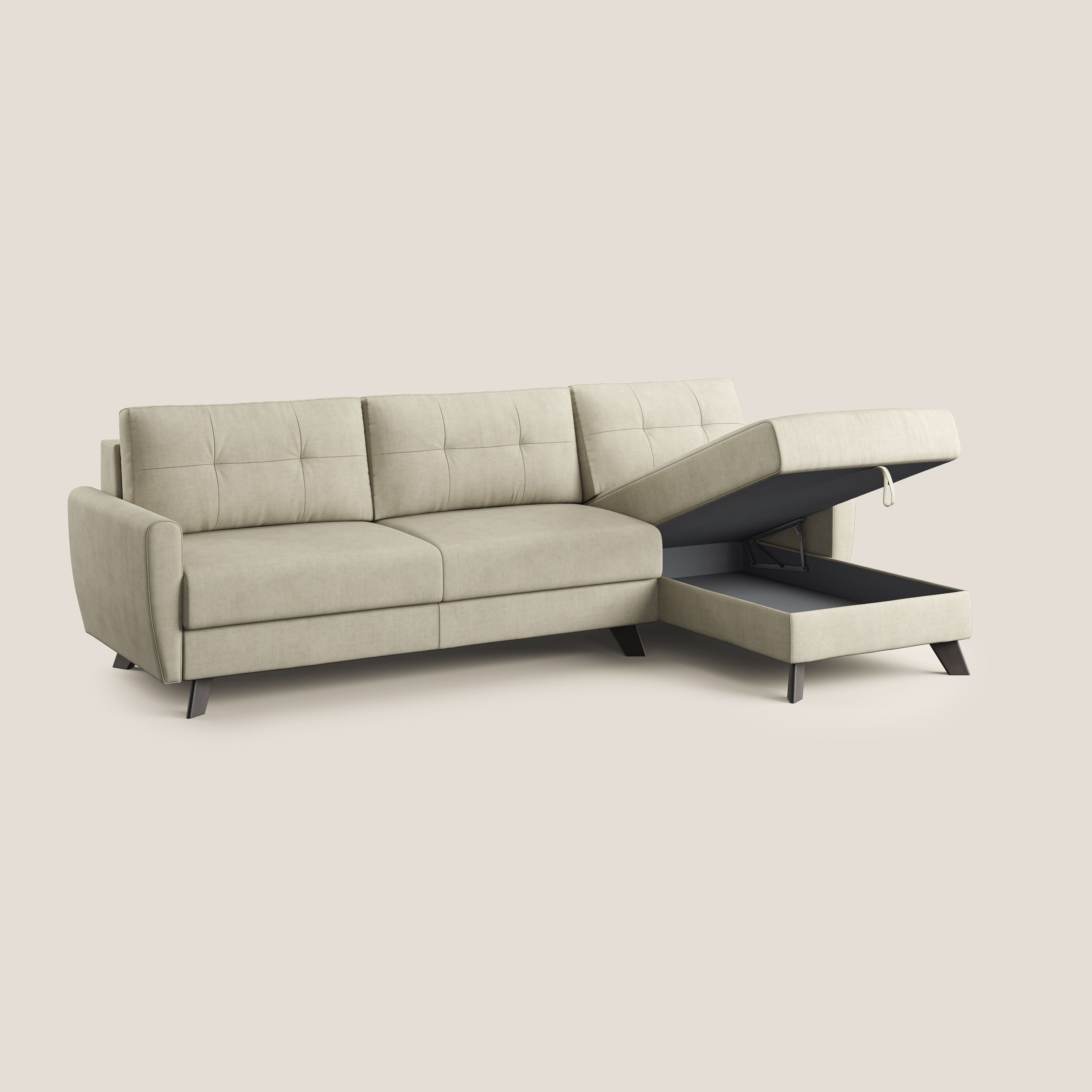 Callisto Divano letto angolare con penisola in tessuto morbido impermeabile T02 panna - divani.store