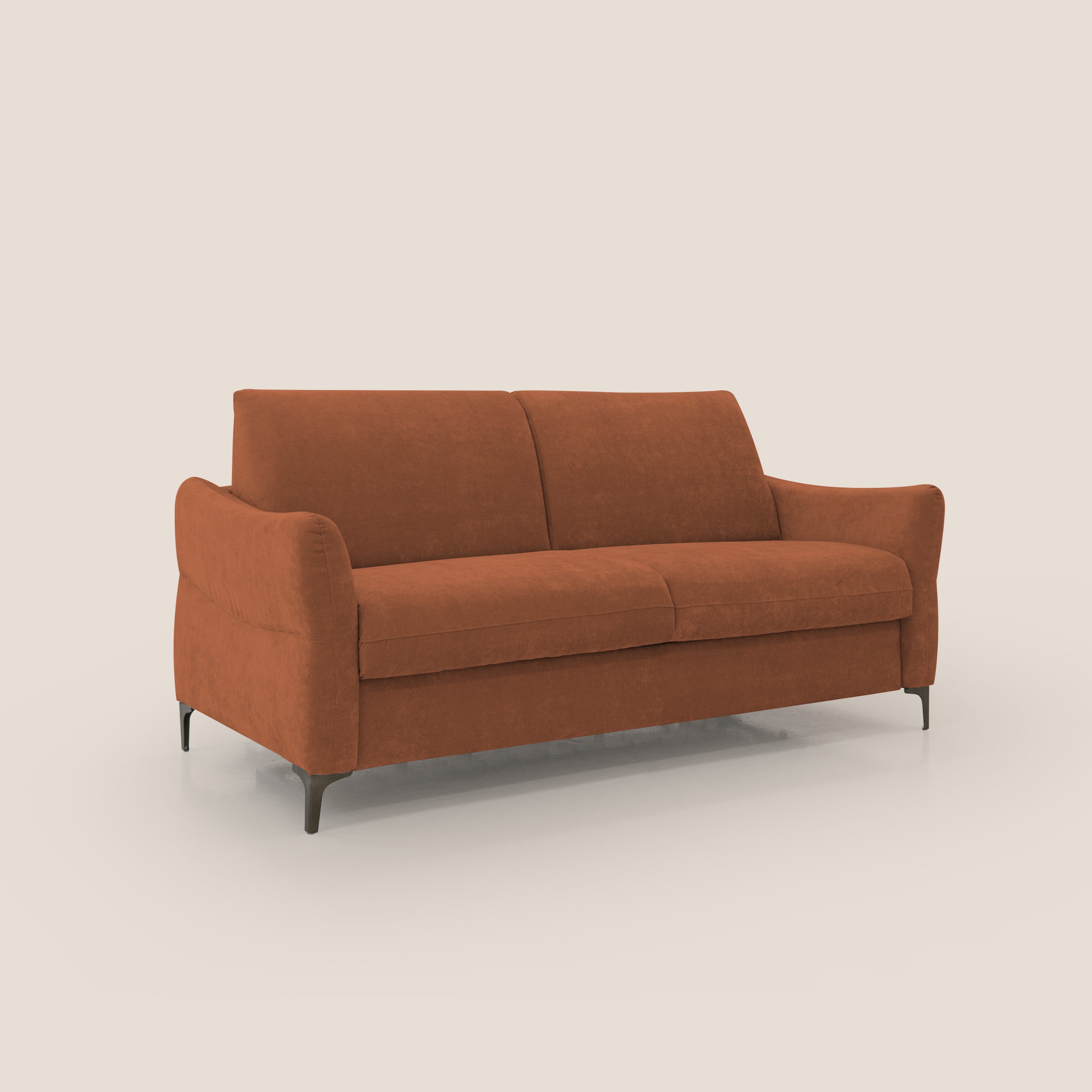 Dalia divano letto con materasso H18 cm e piedi alti in raffinato tessuto smacchiabile T17 arancio - divani.store