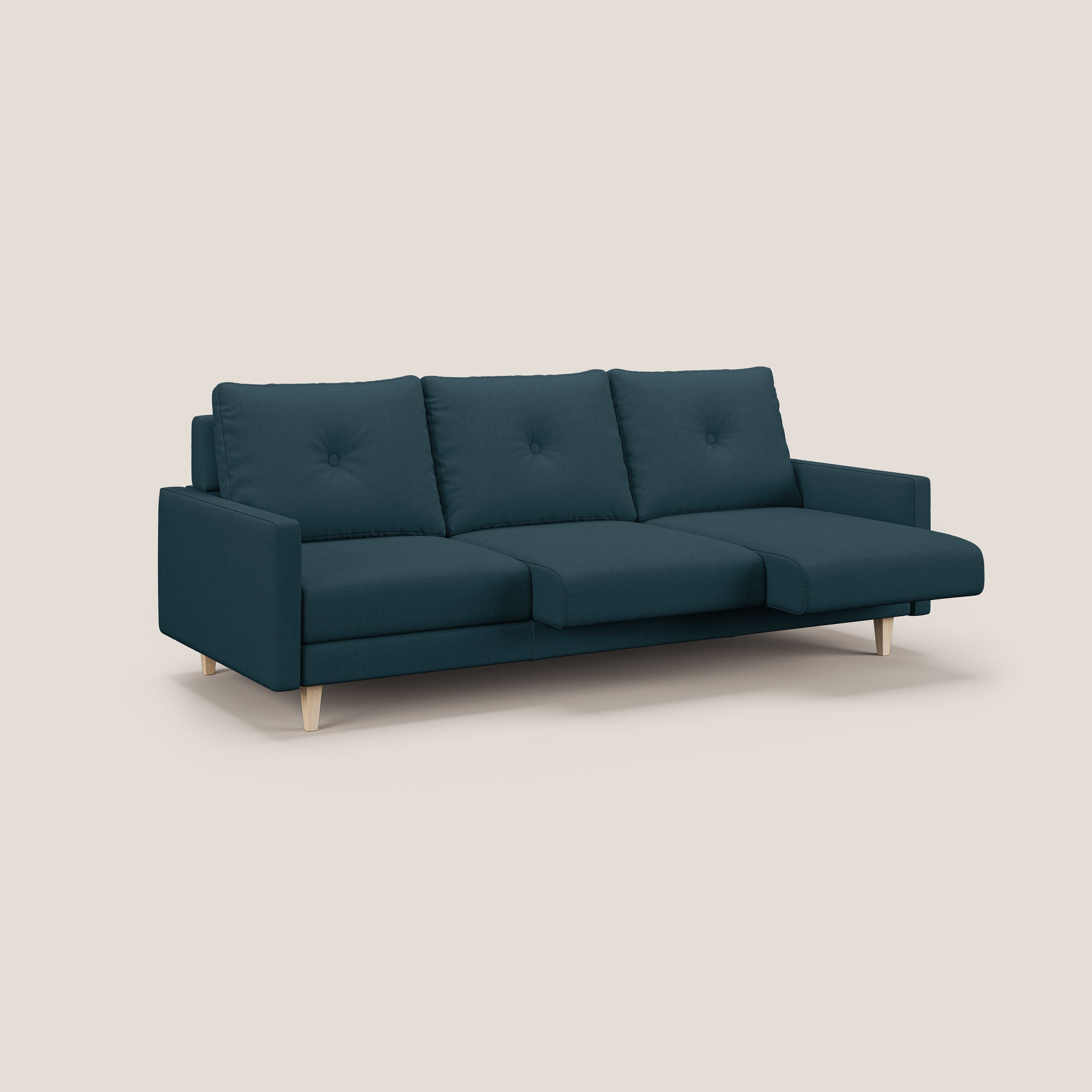 Matisse divano a 3 sedute allungabili e schienali in piuma d'oca in tessuto smacchiabile T17 petrolio - divani.store