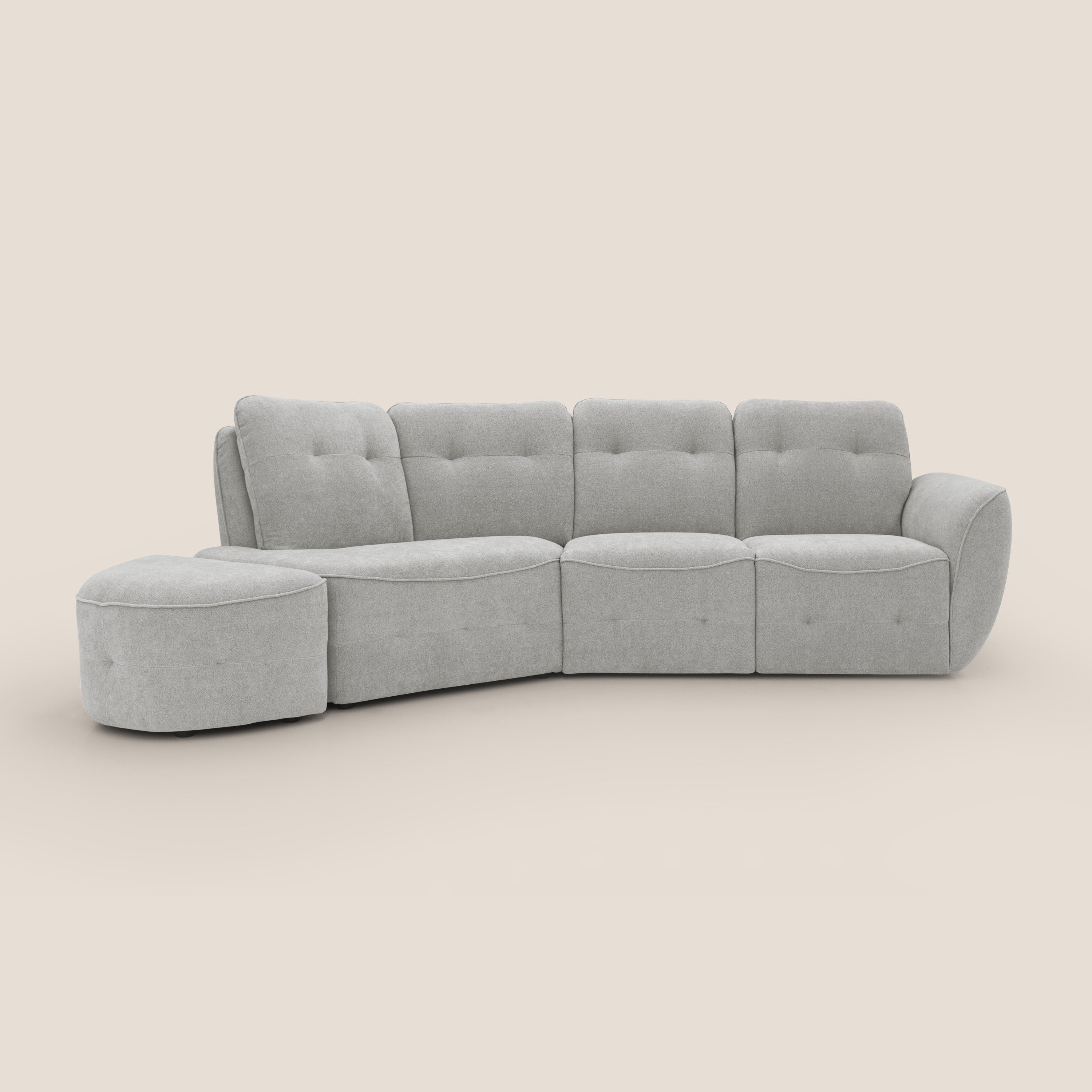 Cerbero divano angolare con pouf mobile in morbido bouclé impermeabile T07 grigio - divani.store