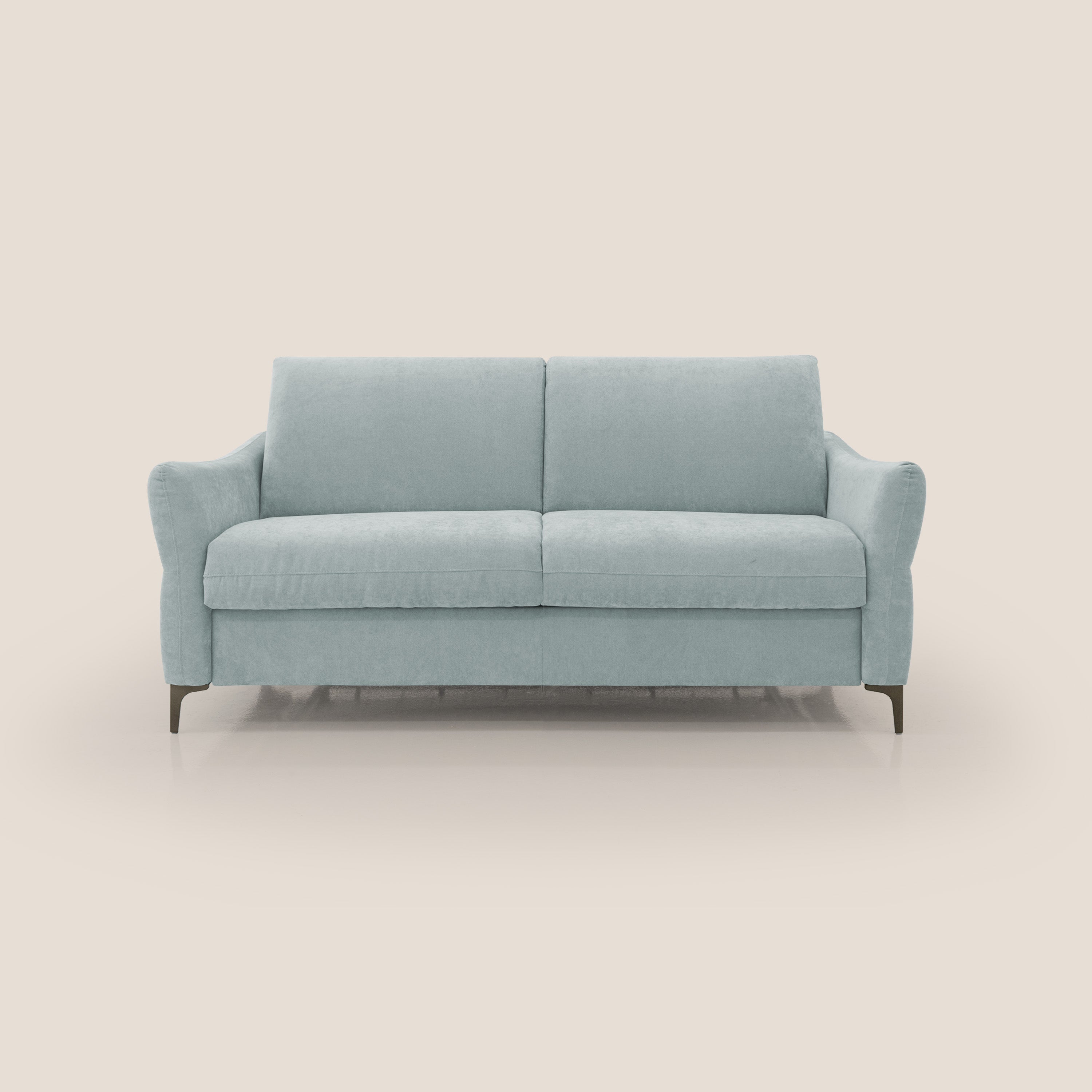 Dalia divano letto con materasso H18 cm e piedi alti in raffinato tessuto smacchiabile T17 verde acqua - divani.store