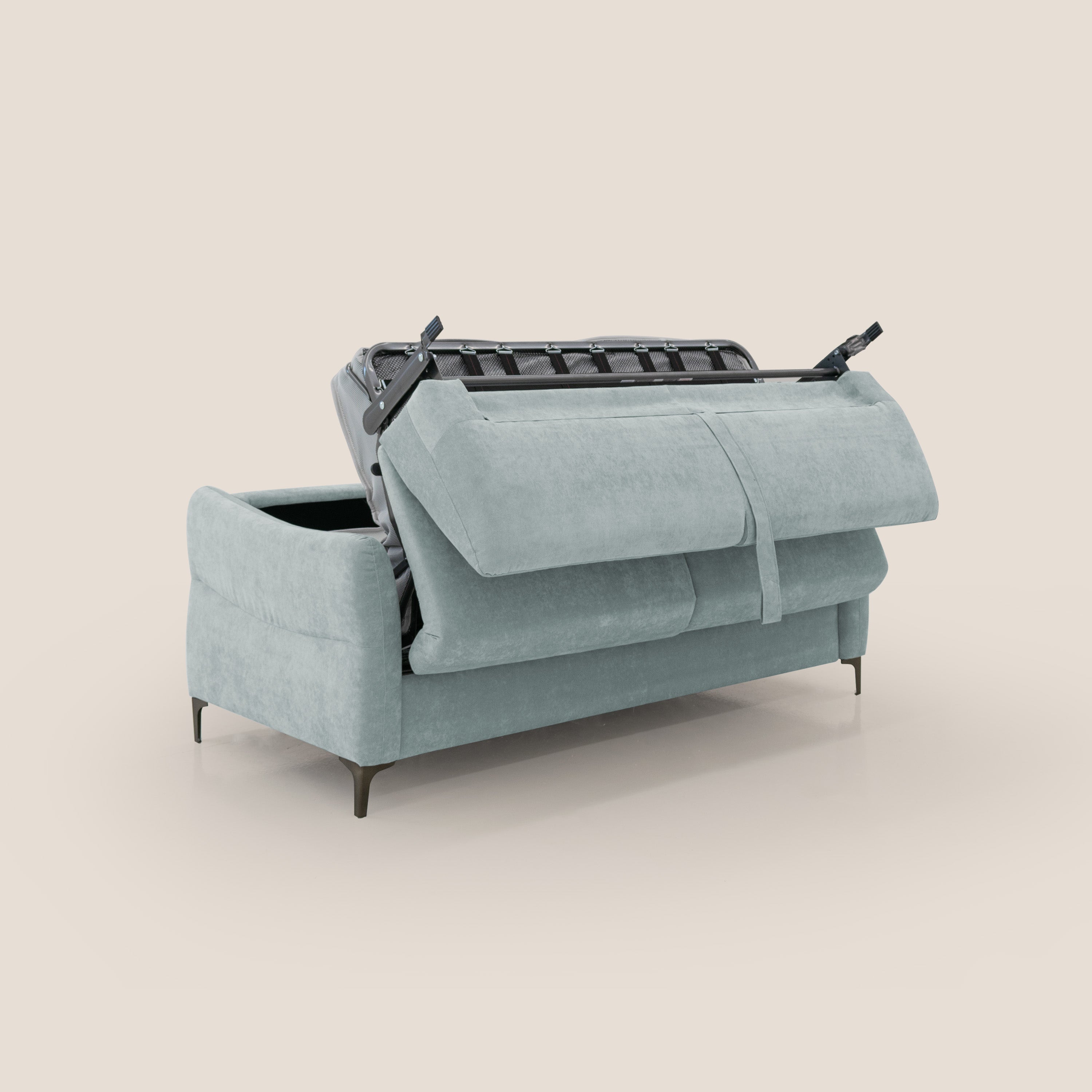 Dalia divano letto con materasso H18 cm e piedi alti in raffinato tessuto smacchiabile T17 verde acqua - divani.store