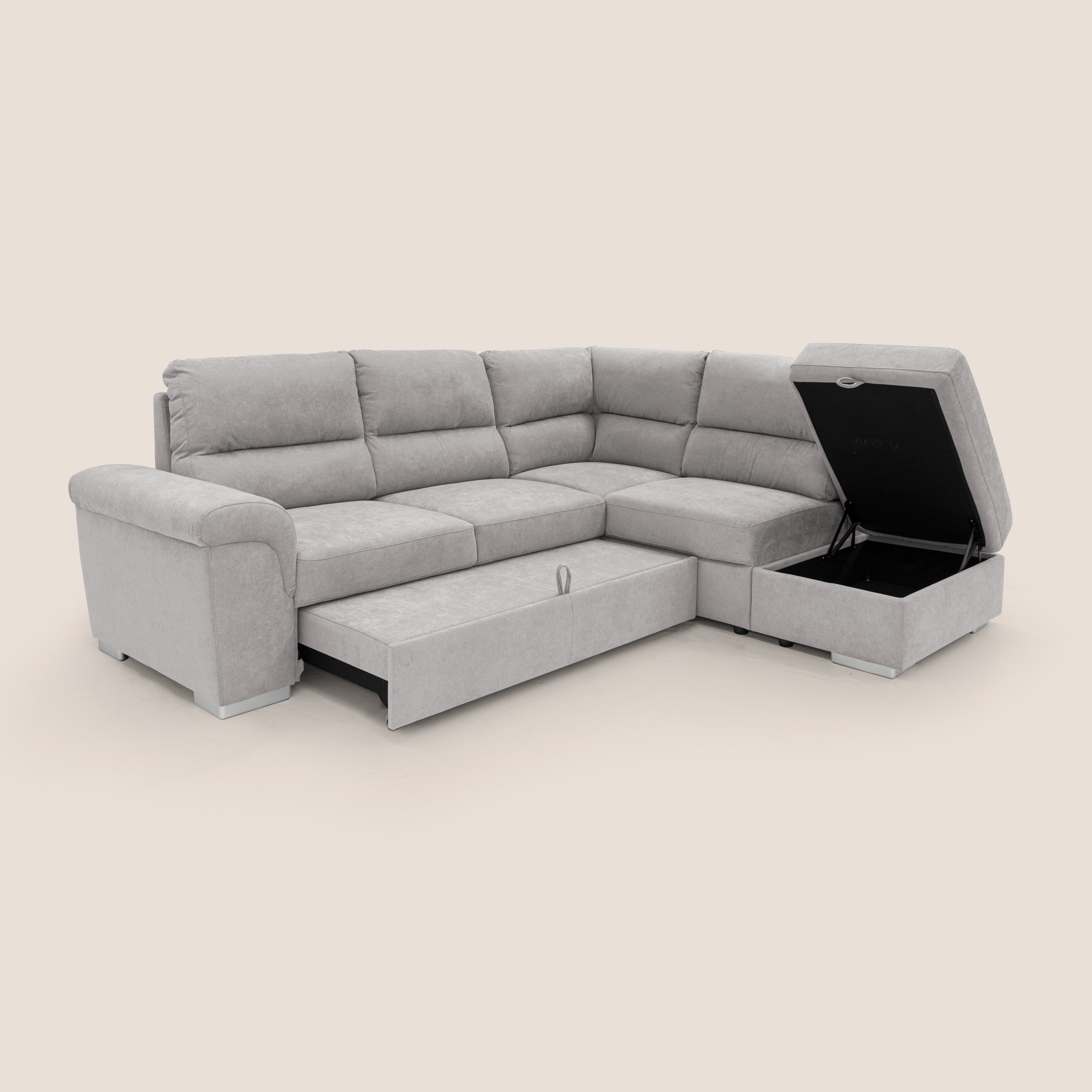 Minerva divano angolare con estraibile a cassettone e pouf contenitore in tessuto morbido impermeabile T02 grigio chiaro - divani.store